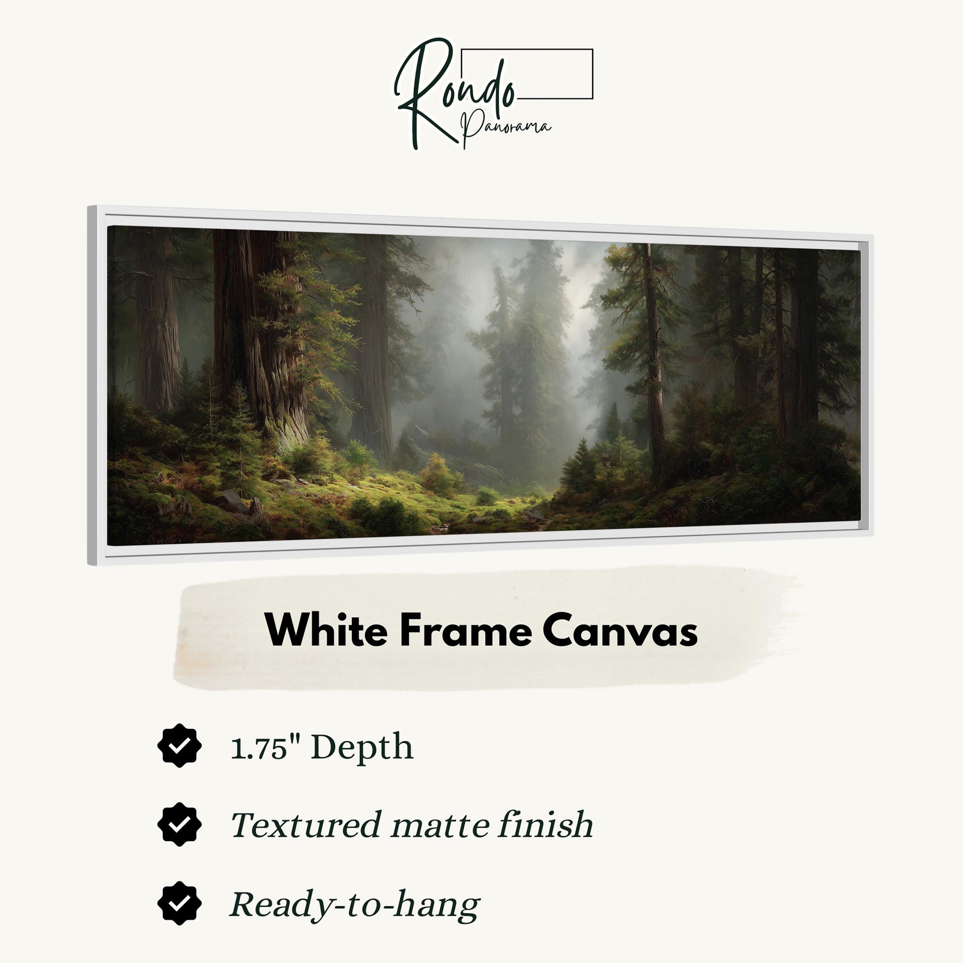 A white frame canvas depicting a forest scene with tall trees and a misty atmosphere.