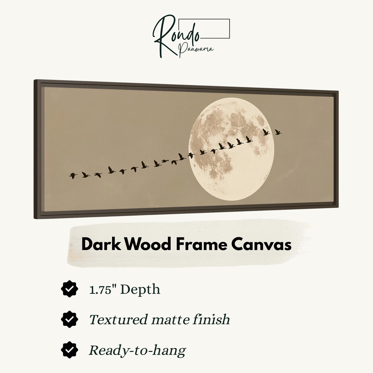 Geese flying past a full moon canvas print in a dark wood floating frame