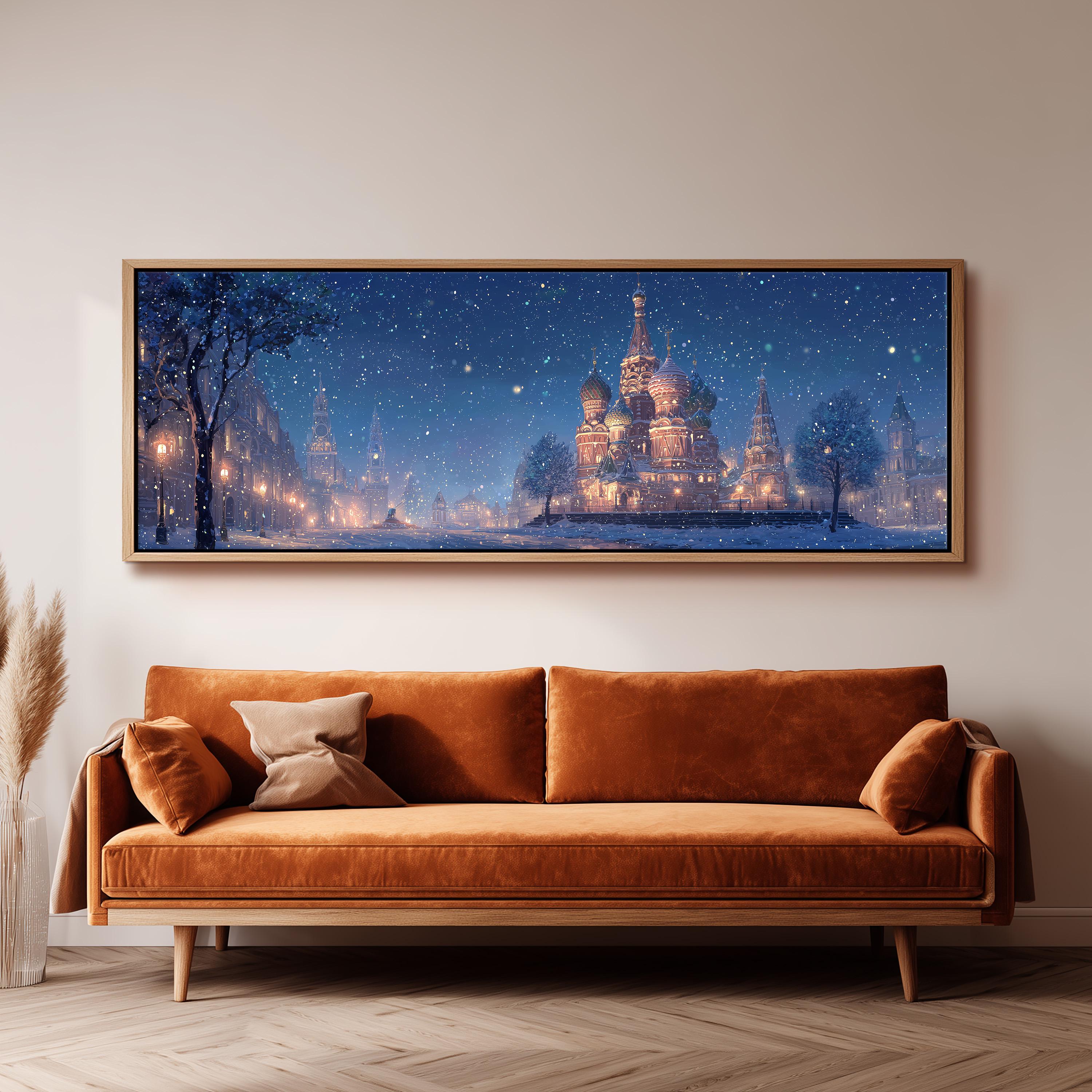a large, framed painting of a snowy cityscape with a castle in the background, hanging on a wall above a brown sofa.