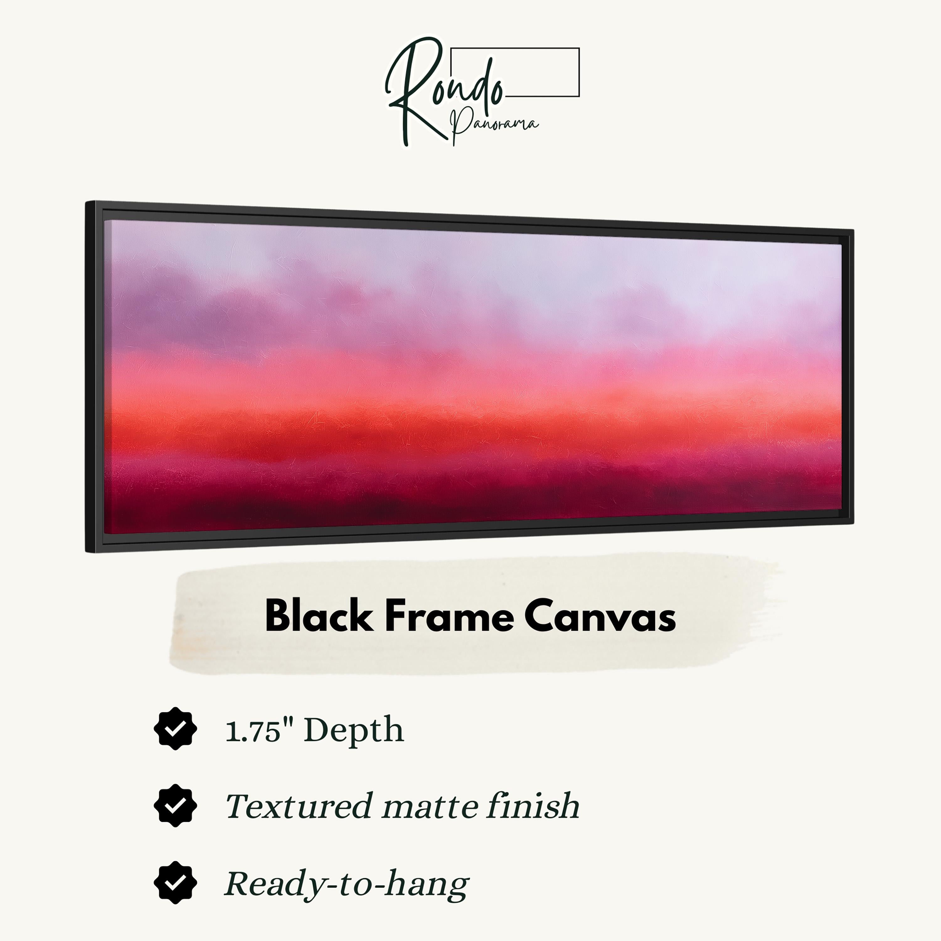 The image is a black frame canvas with a gradient background that transitions from red to purple. The canvas has a 1.75" depth and is textured with a matte finish. It is ready to hang.
