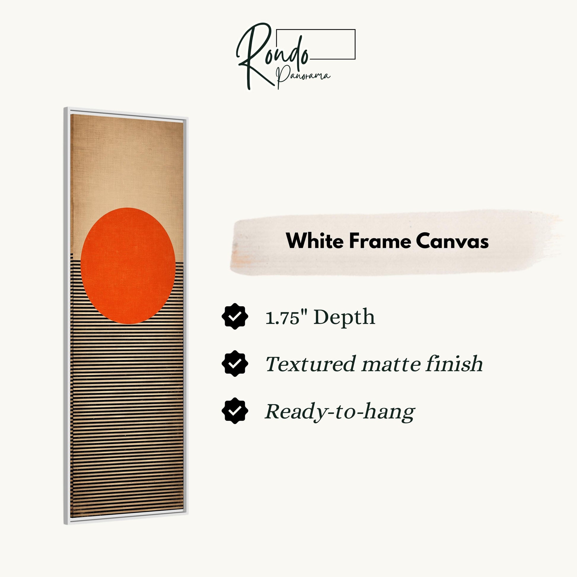 The image is a white frame canvas with a minimalist design featuring a large orange circle on a beige background.