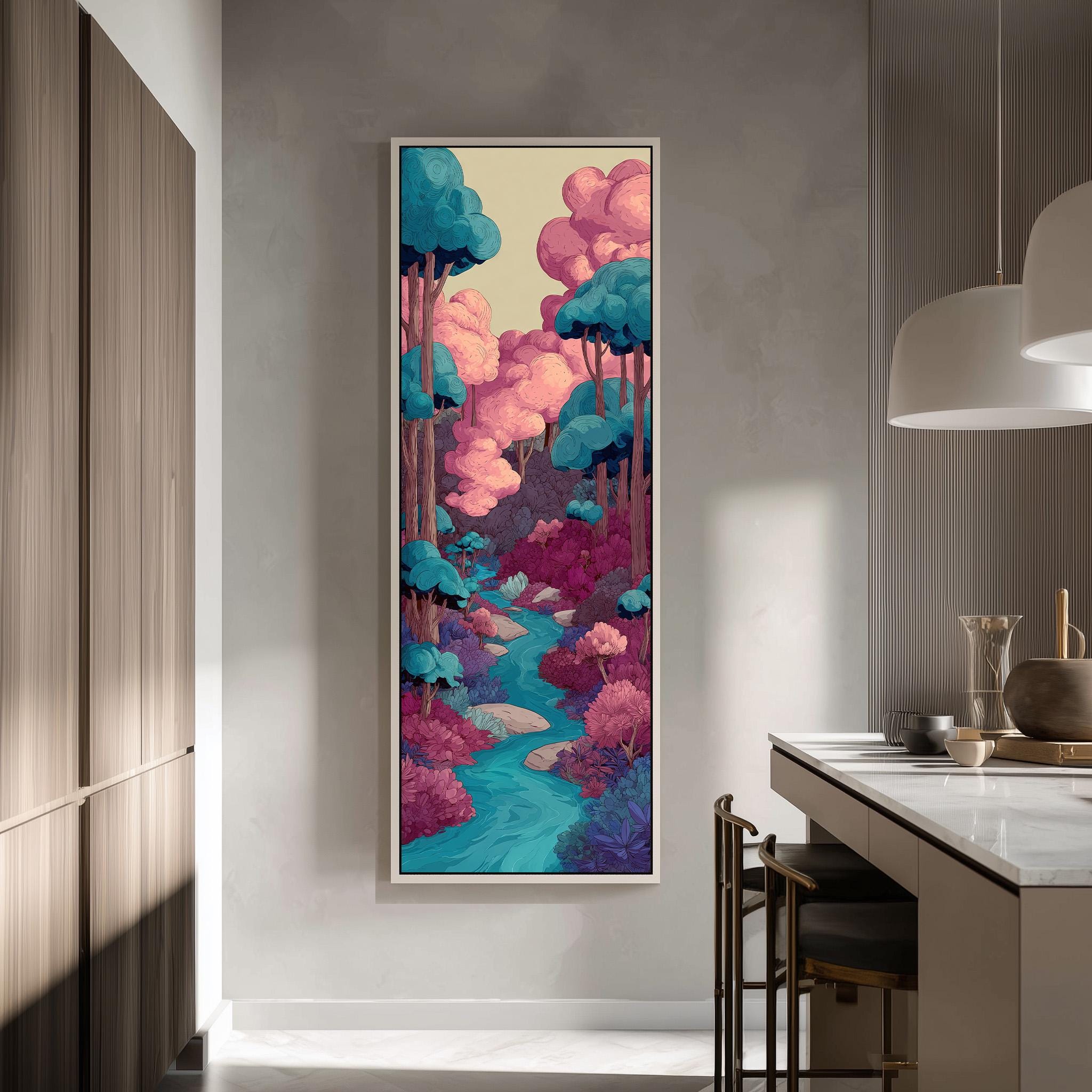 a large, colorful painting of a forest scene hanging on a wall in a modern, minimalist kitchen.