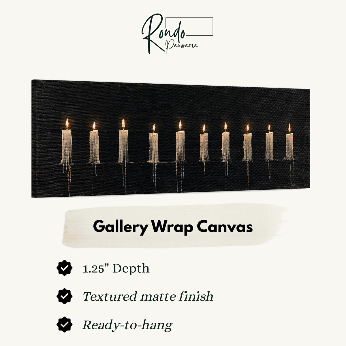 Ten lit candles on black gallery wrap canvas with the image wrapped around the edges