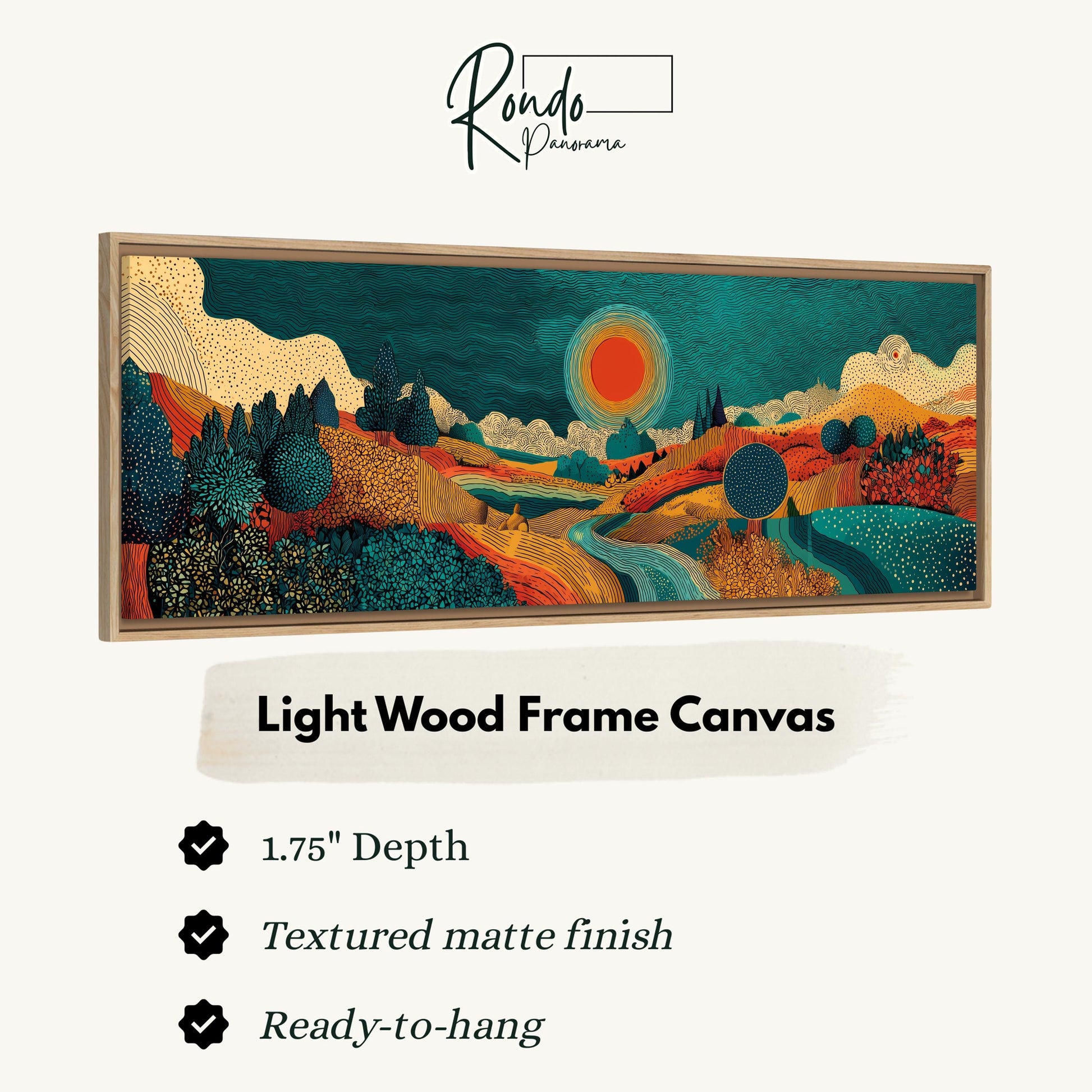 The image is a light wood frame canvas featuring a vibrant landscape with a sun, mountains, and trees.
