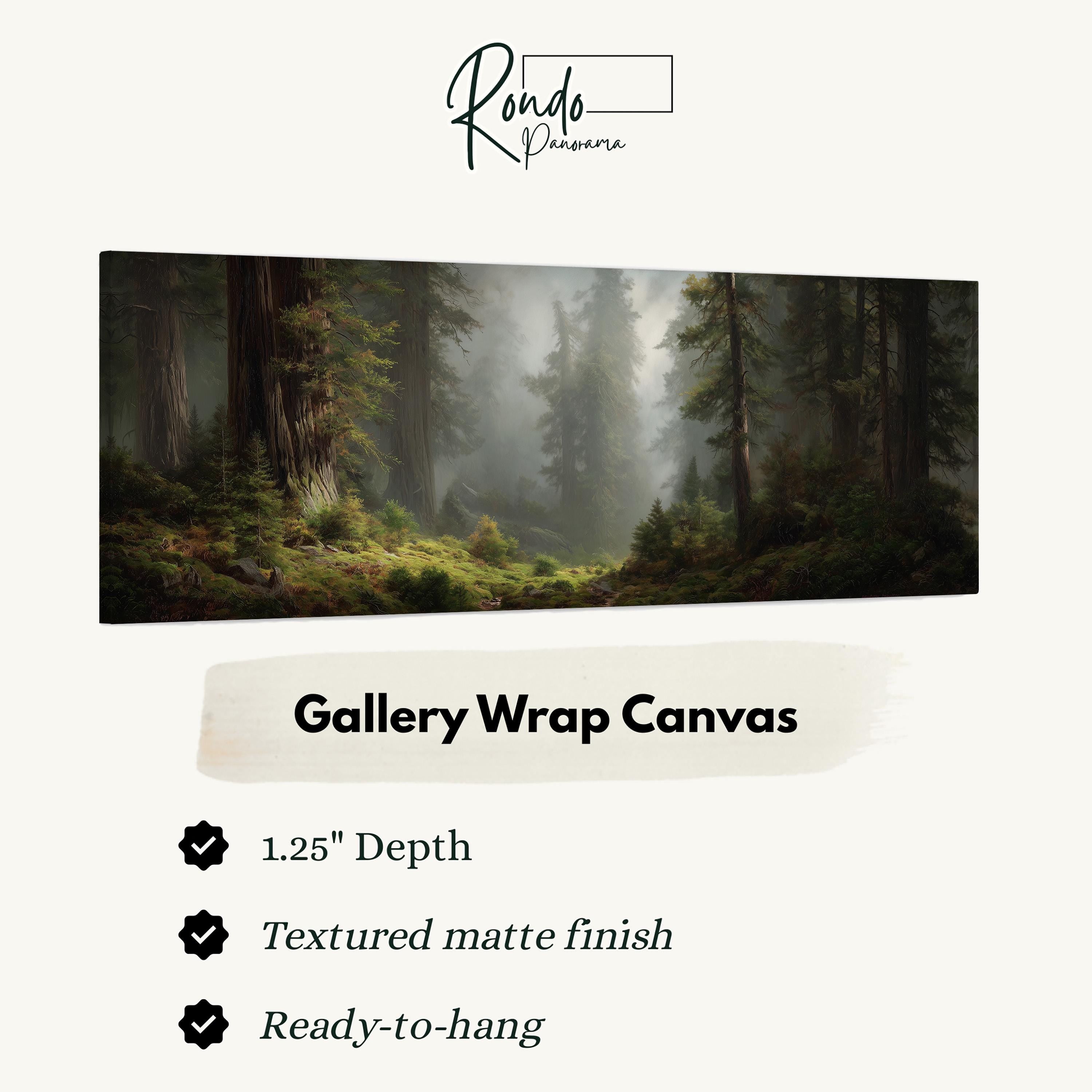 A forest scene with tall trees and a misty atmosphere, featuring a gallery wrap canvas.