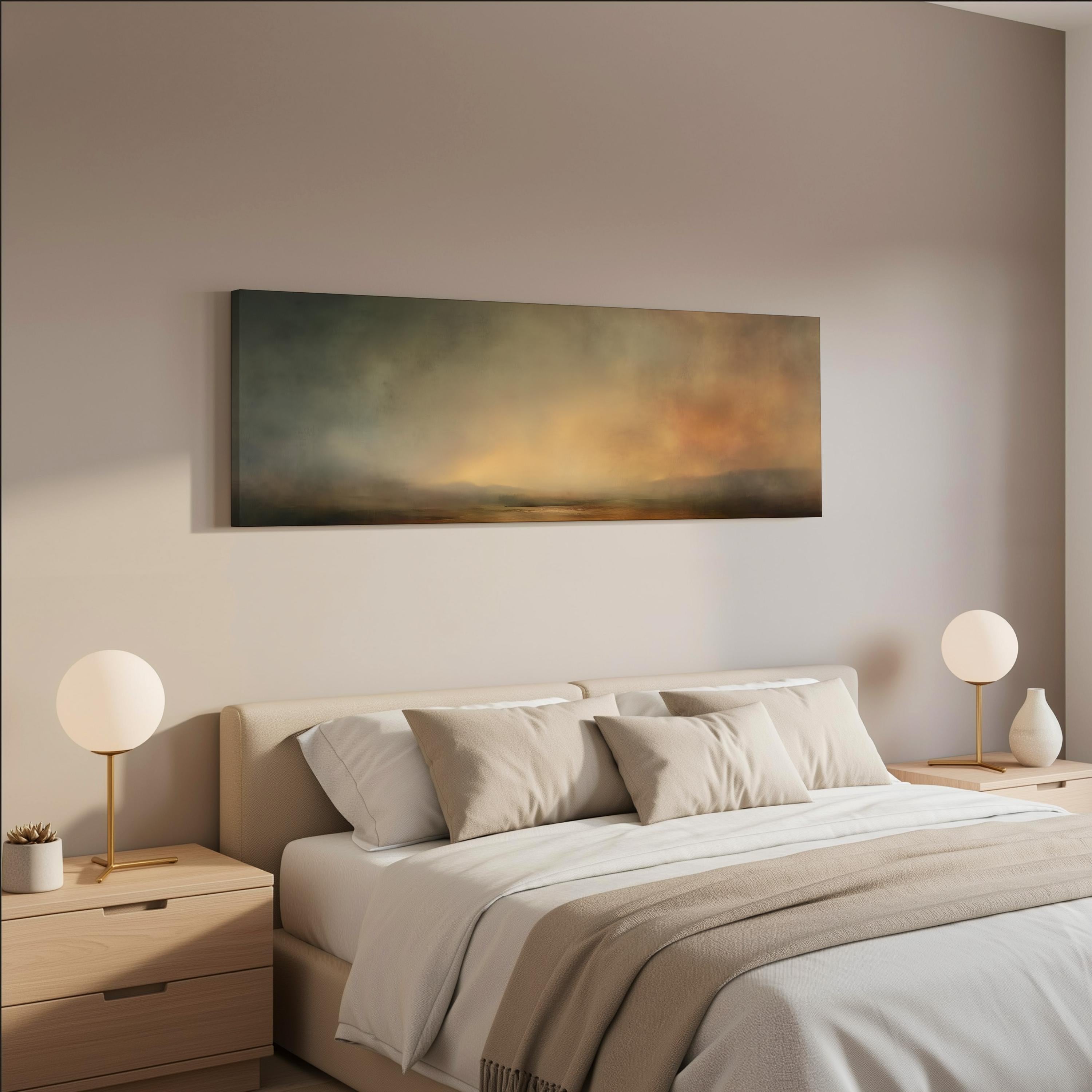 a serene and modern bedroom with a large bed, two nightstands with lamps, and a painting hanging above the bed.