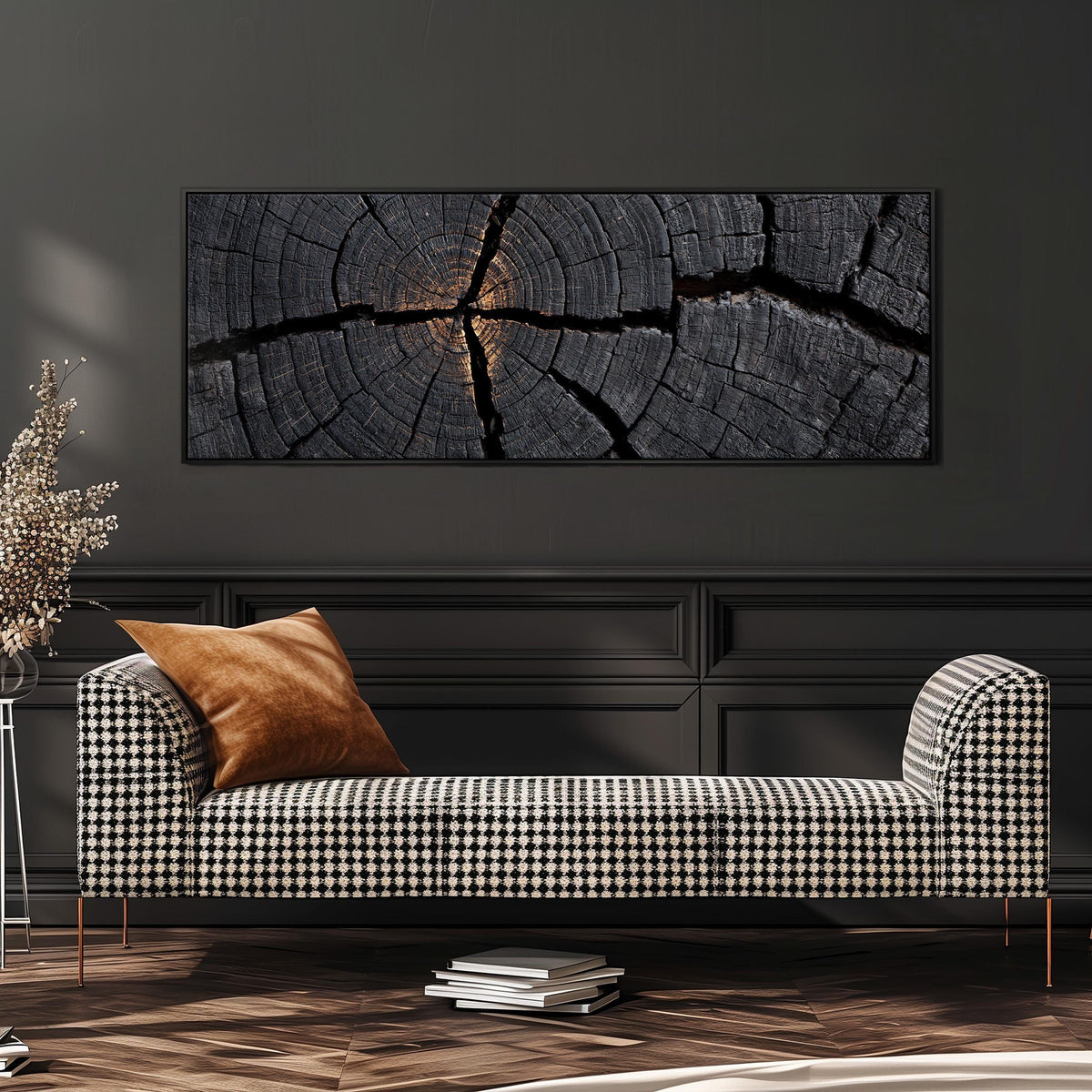 Charcoal tree ring cross section wide panoramic canvas print above a bench in a dark living room