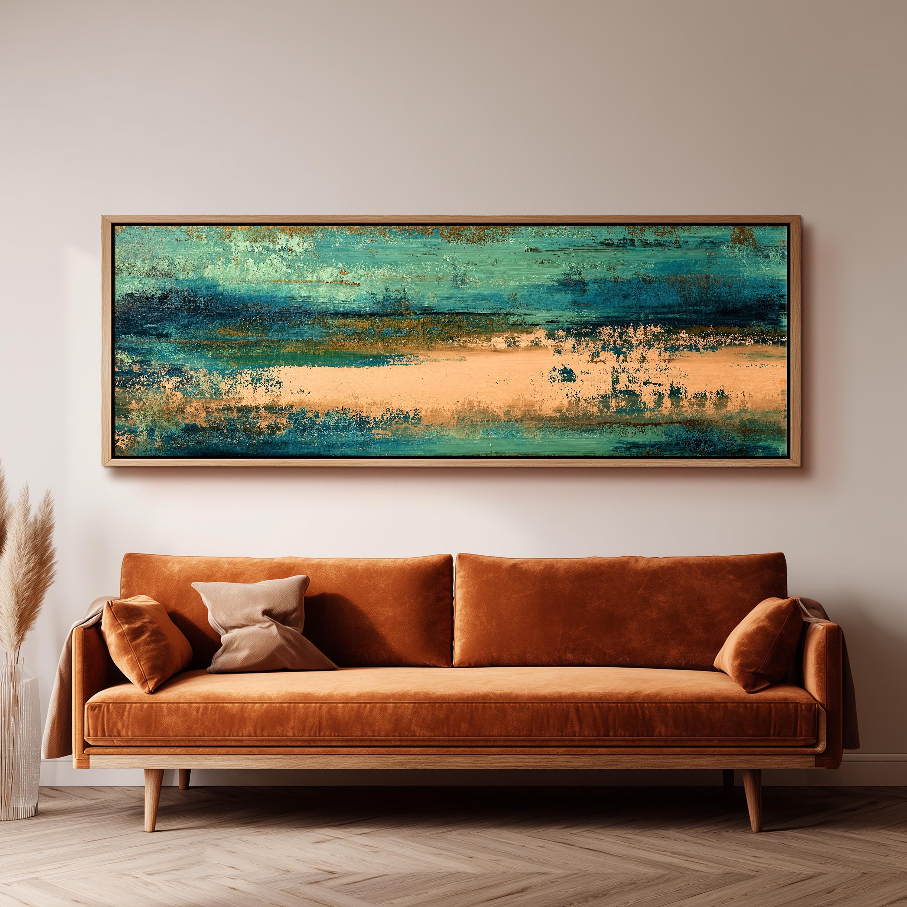 a large, rectangular painting hanging on a white wall above a brown sofa with orange cushions.