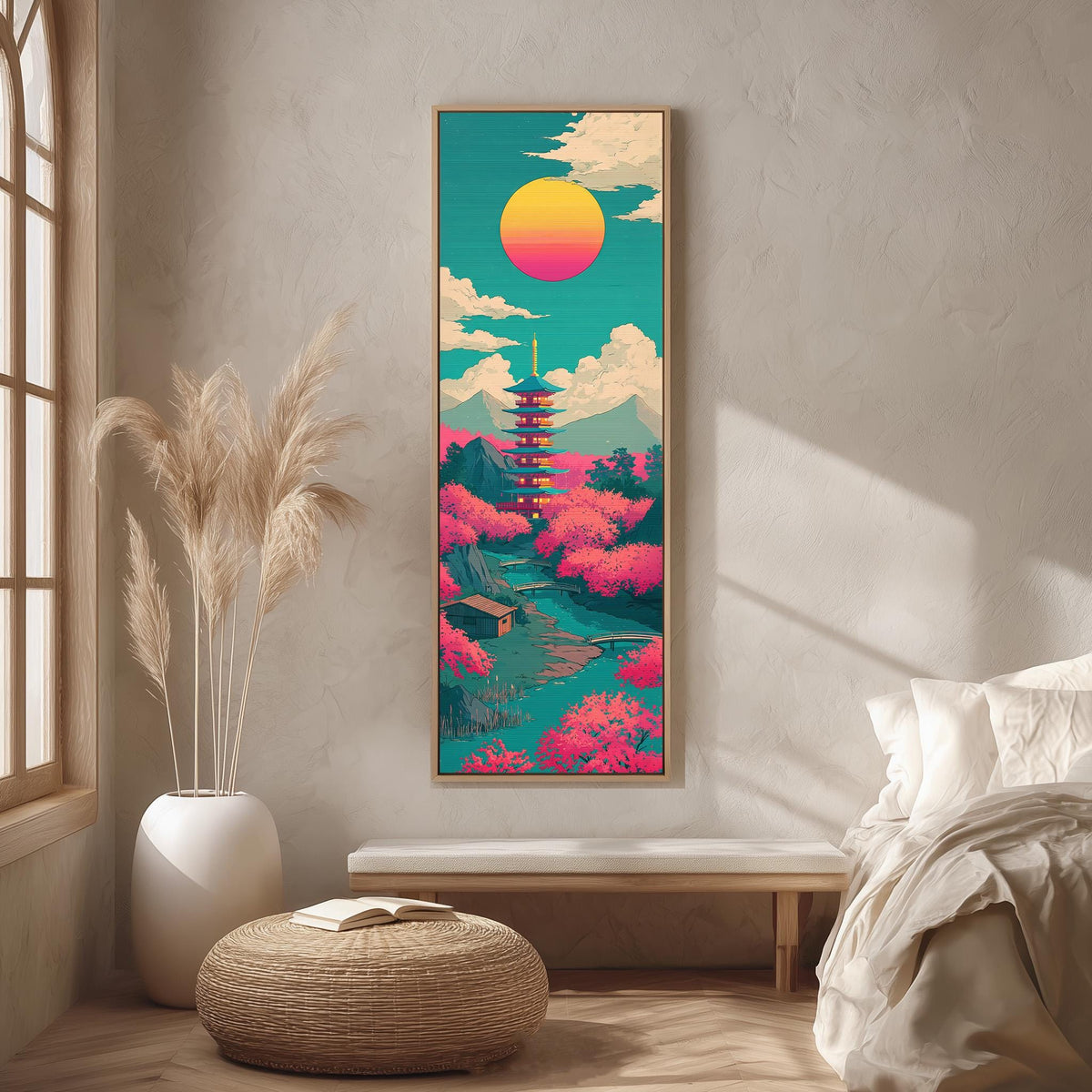 Pagoda under a pink and yellow sun long vertical canvas print in a bright reading corner
