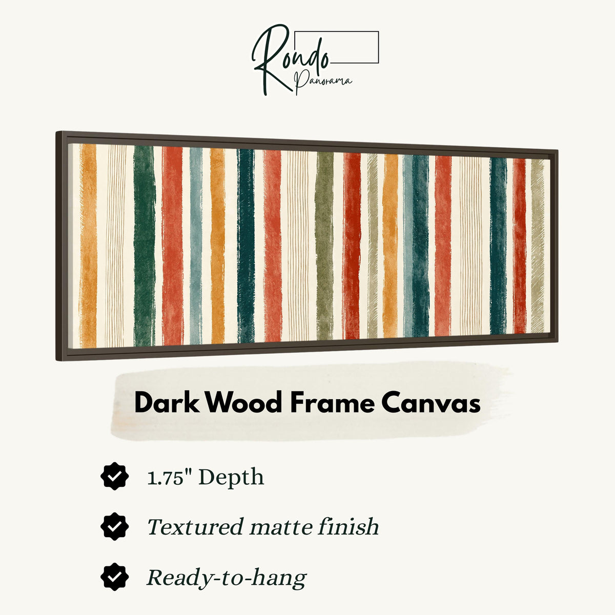 Boho watercolor stripes in mustard, teal and rust canvas print in a dark wood floating frame