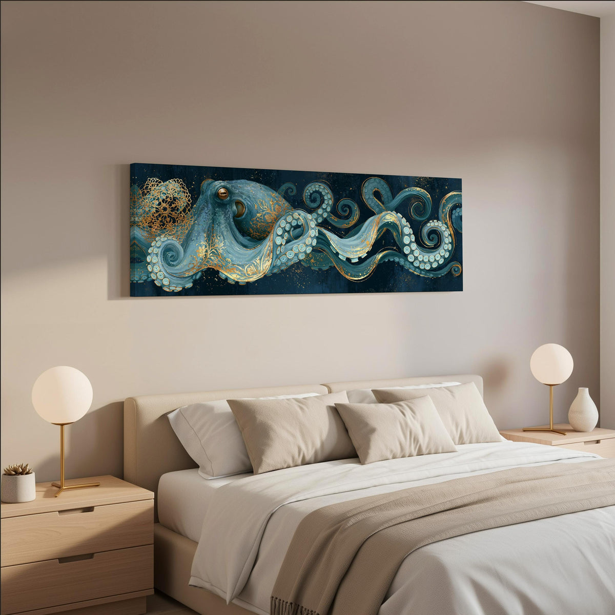 Blue and gold octopus wide panoramic canvas print above a bed in a neutral bedroom