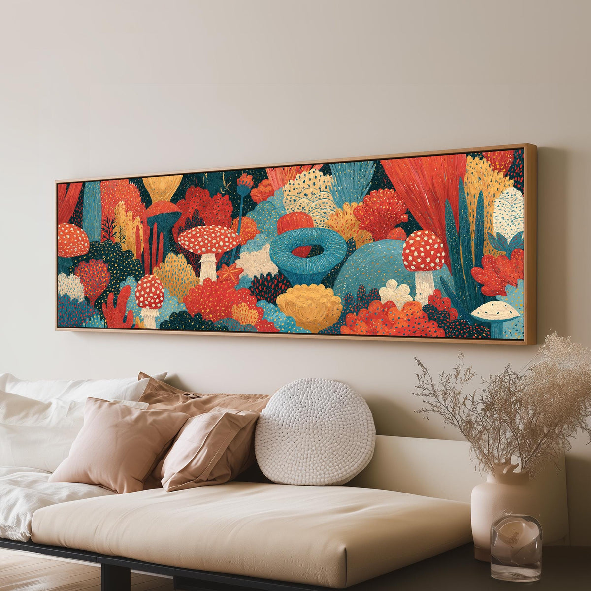 Mushroom and flower garden on teal panoramic canvas print above a sofa in a living room