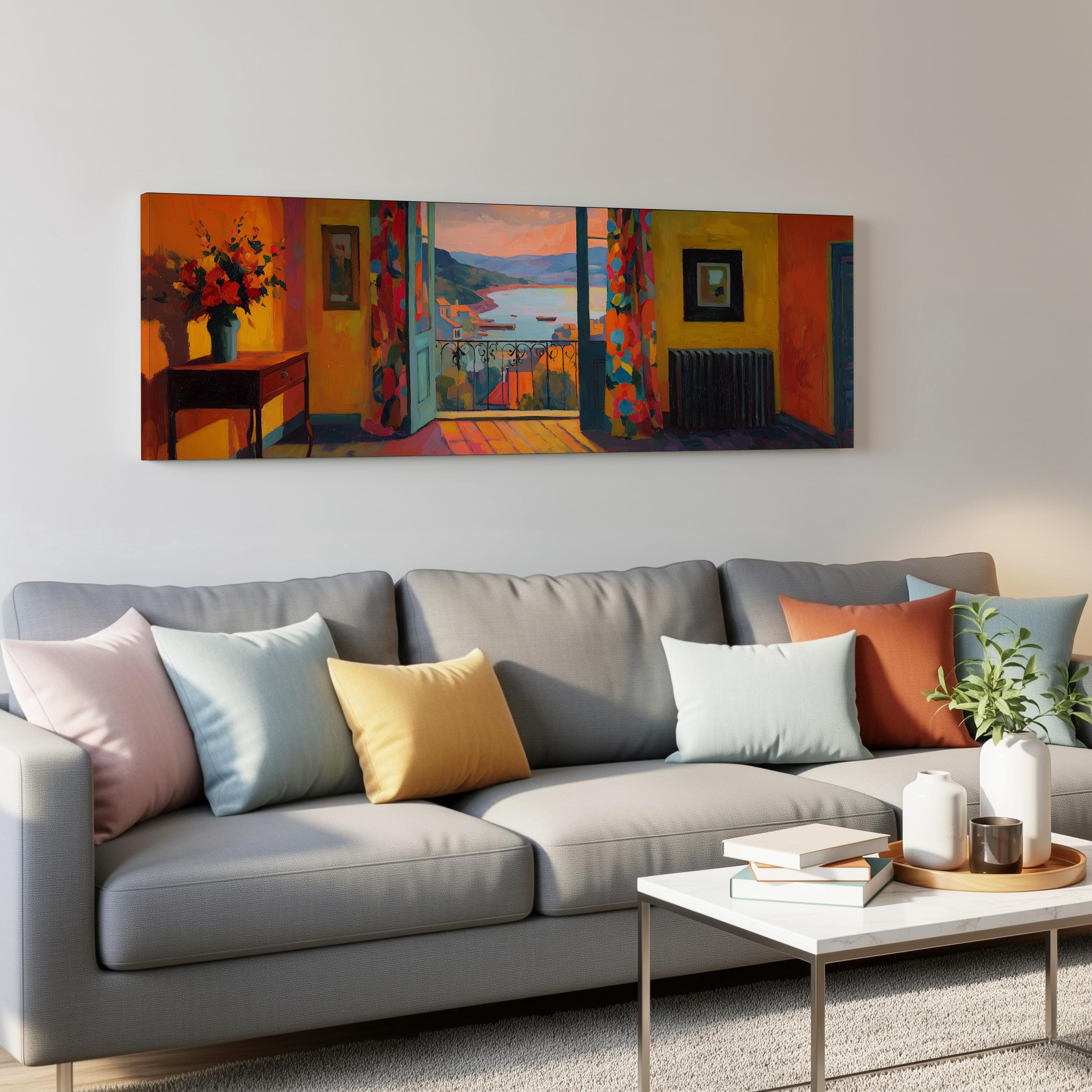 a modern living room with a gray sofa adorned with colorful throw pillows. Above the sofa, a large painting depicting a serene coastal landscape is displayed on the wall. The room also includes a coffee table with books and a vase of flowers, creating a cozy and inviting atmosphere.