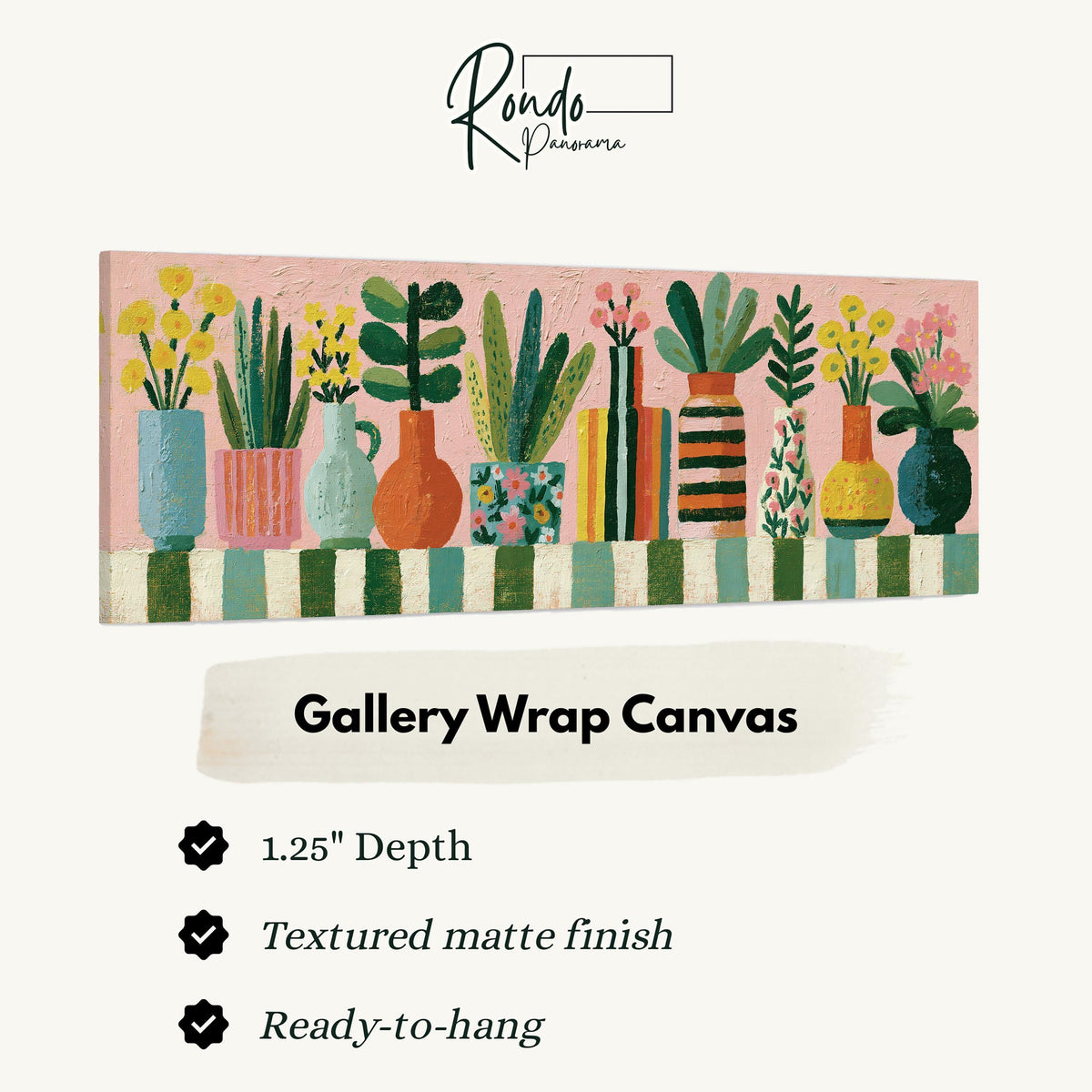 Row of boho potted plants gallery wrap canvas with the image wrapped around the edges