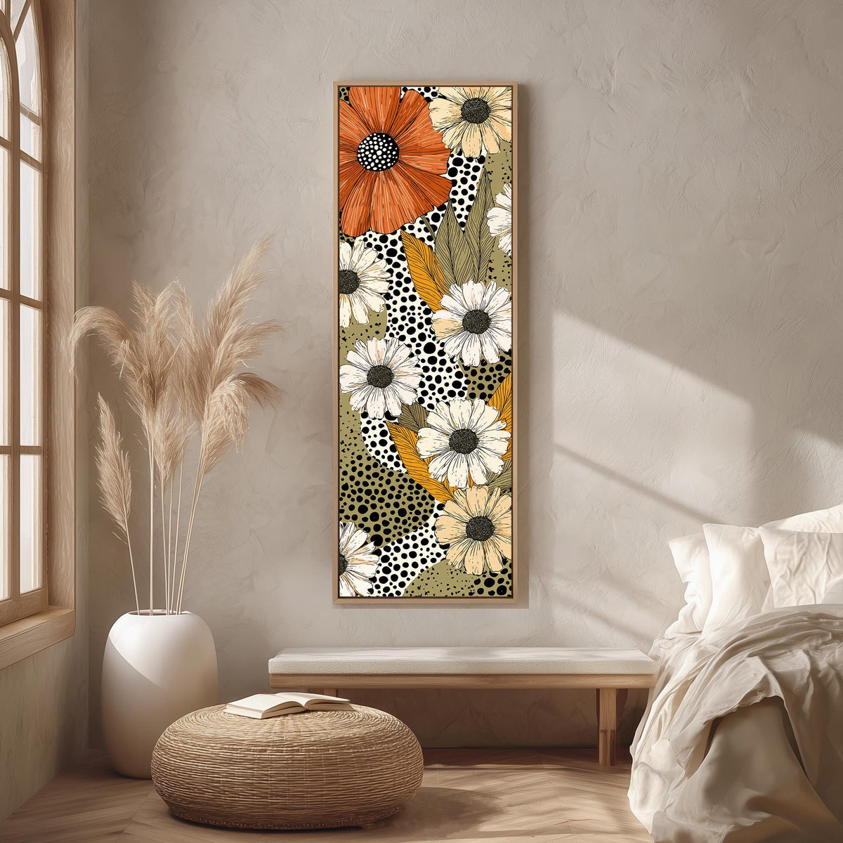 Retro daisies with polka dots long vertical canvas print in a bright reading corner