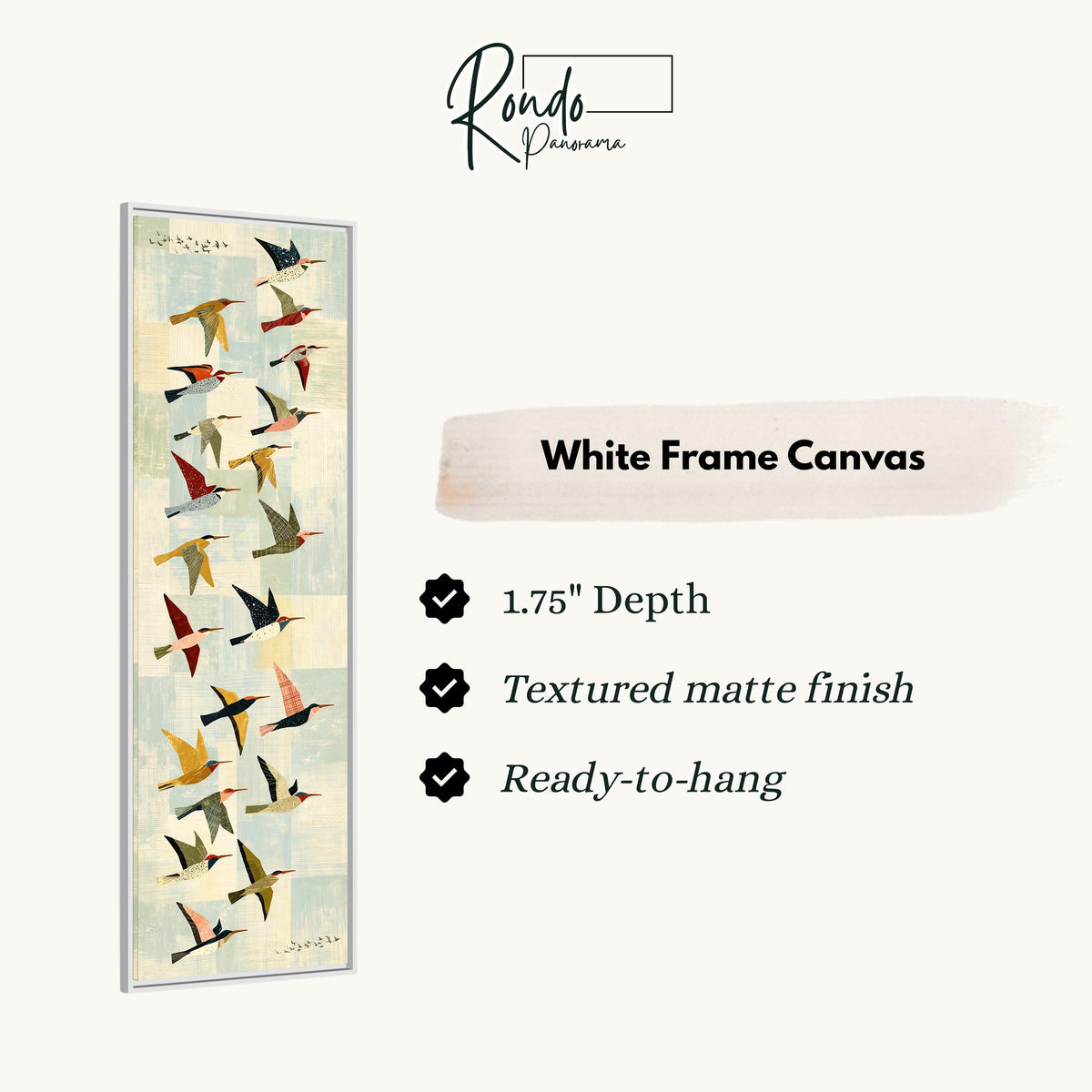 Collage of colorful birds in flight canvas print in a white floating frame