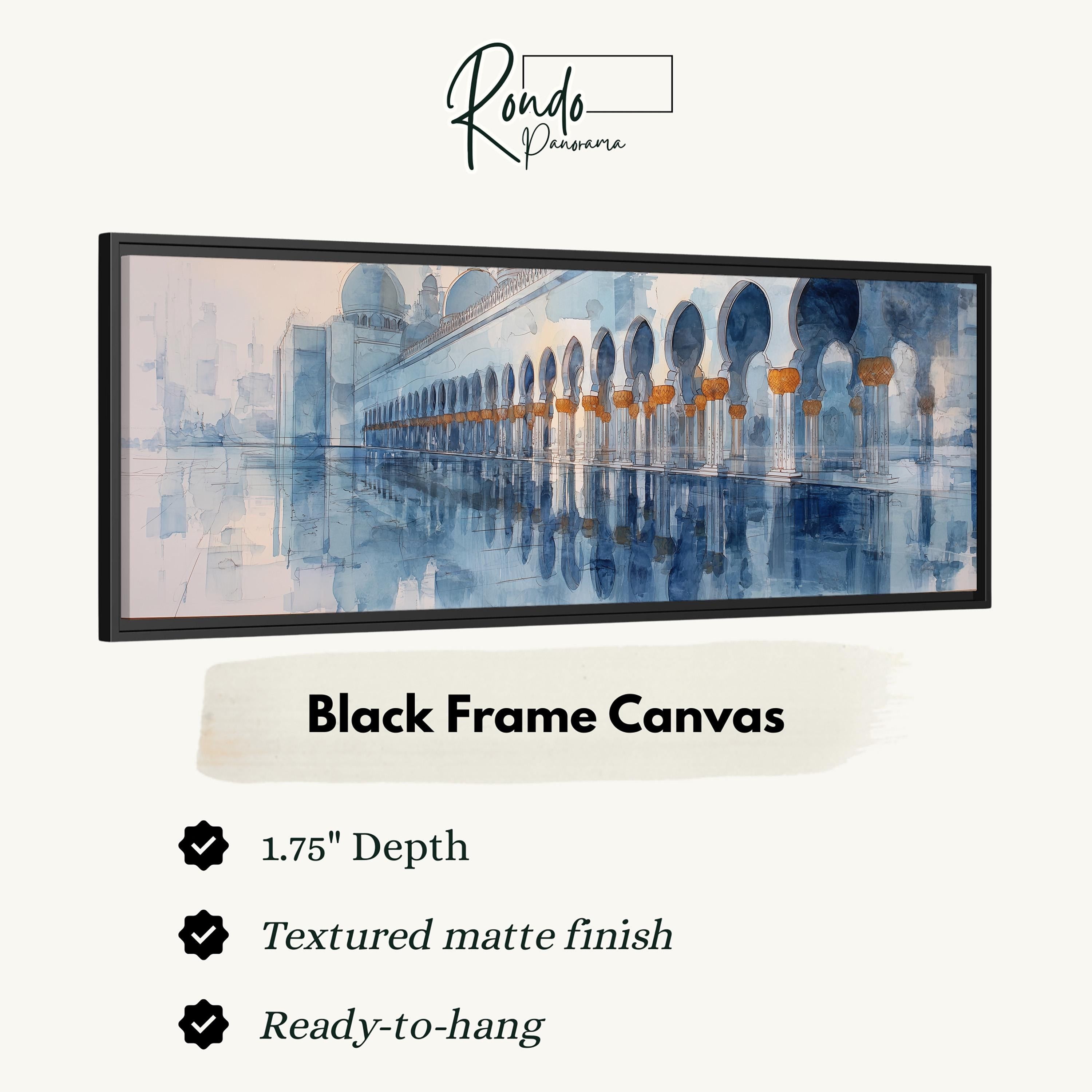 The image is a black frame canvas depicting a cityscape with a row of arches, possibly a mosque, in the background.