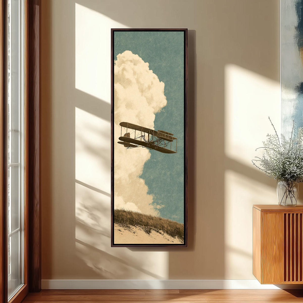 Vintage biplane flying past a tall cloud tall skinny canvas print in a sunlit living space