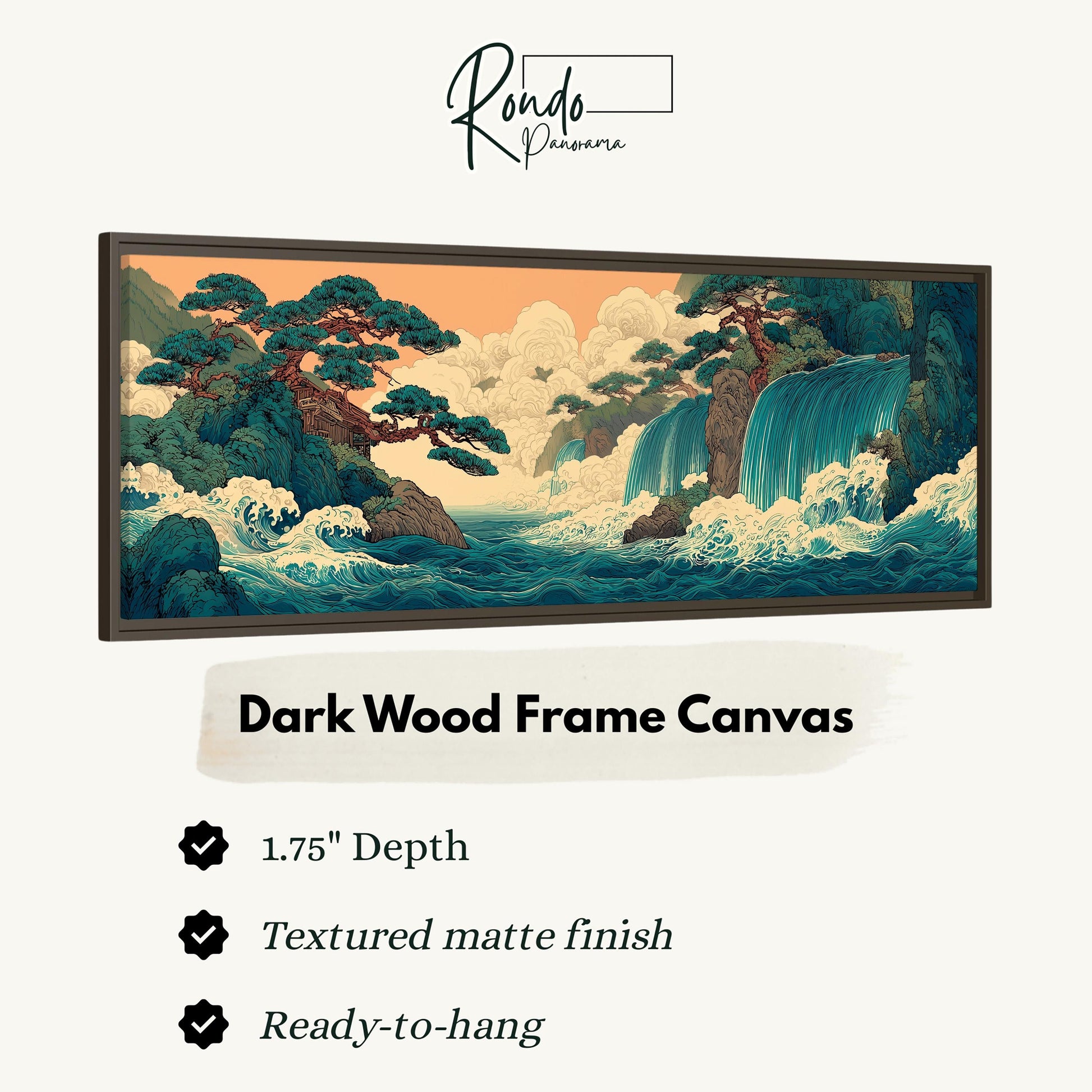 The image is a framed artwork depicting a serene landscape with a waterfall and trees.