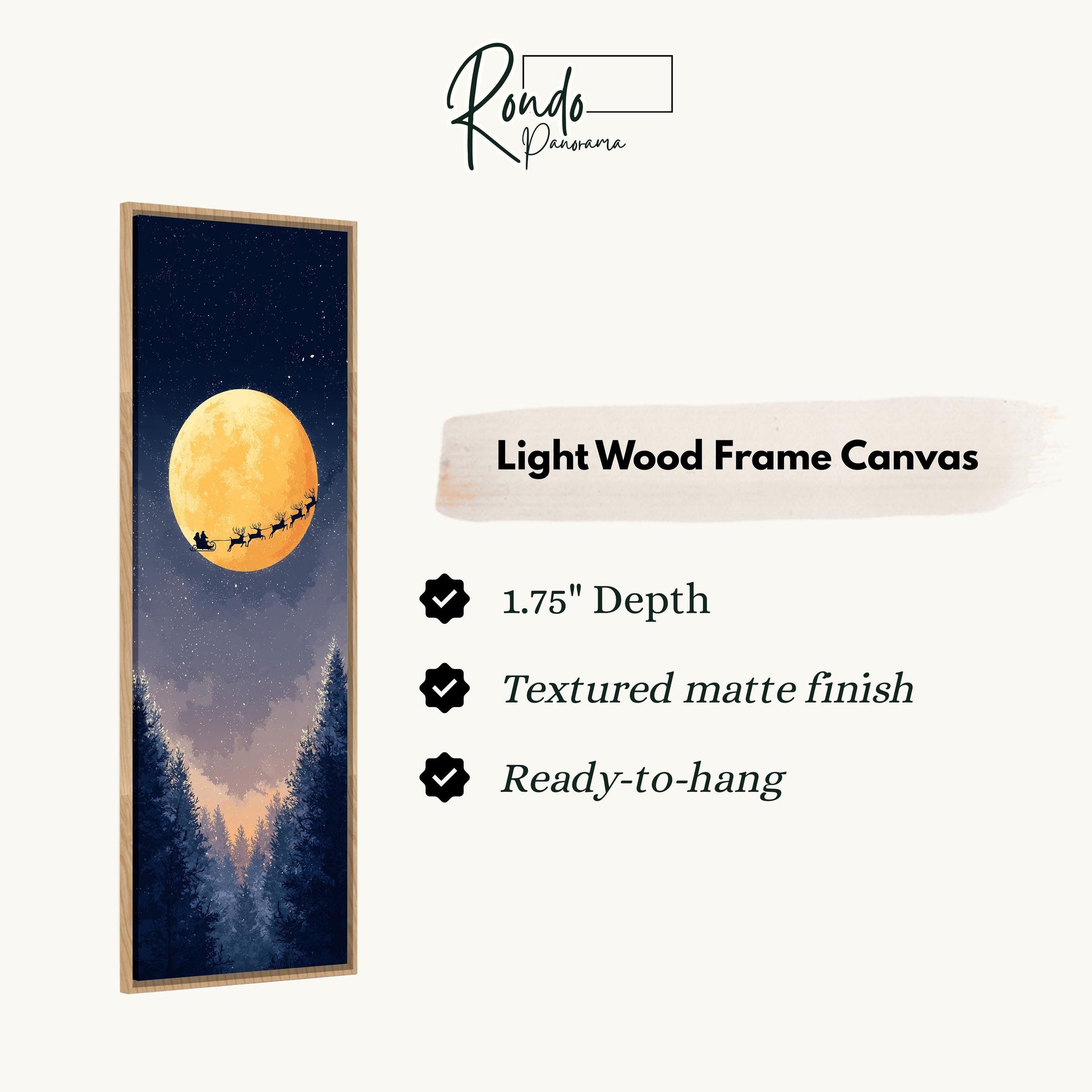 The image is a light wood frame canvas depicting a night scene with a full moon, a sleigh, and a forest.