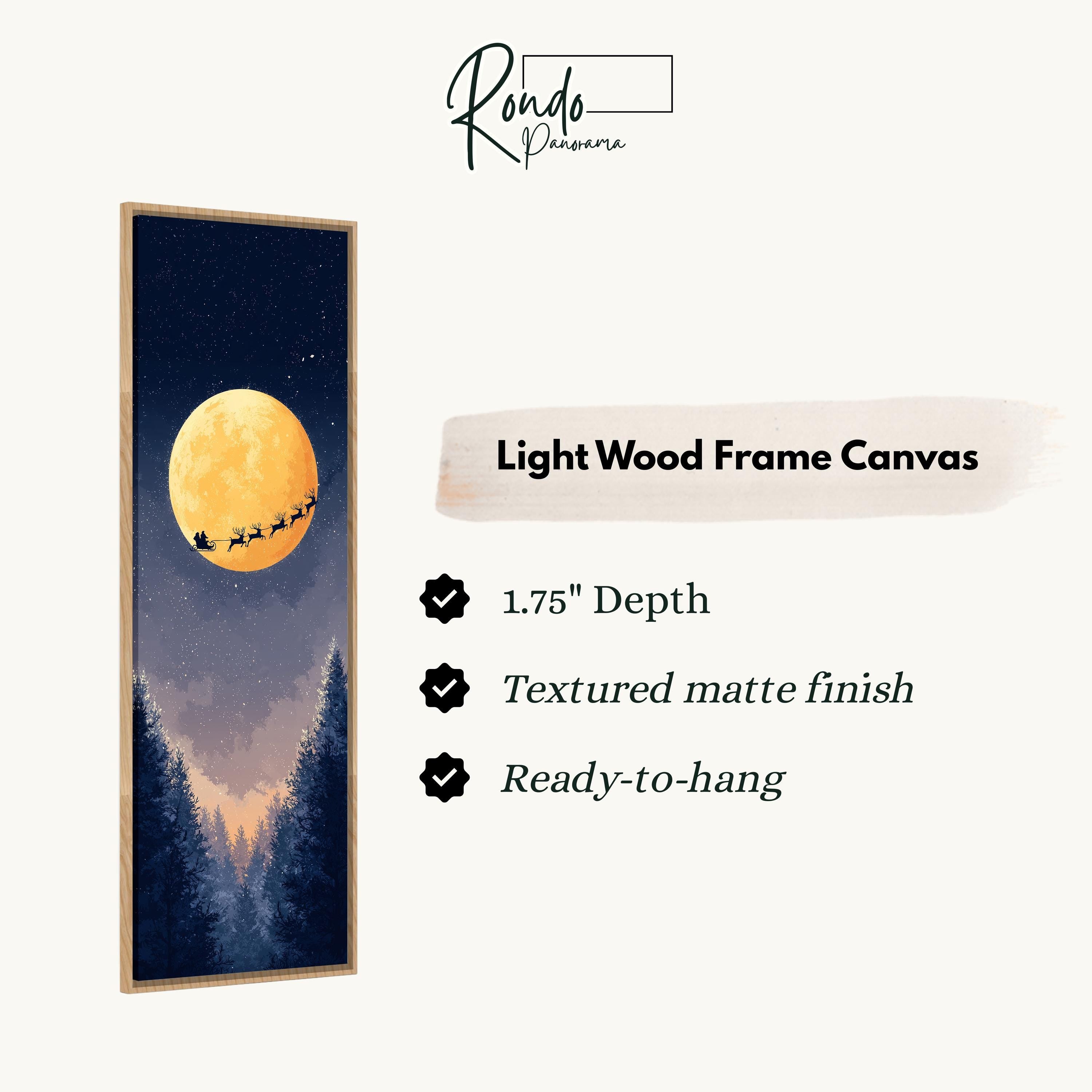 The image is a light wood frame canvas depicting a night scene with a full moon, a sleigh, and a forest.