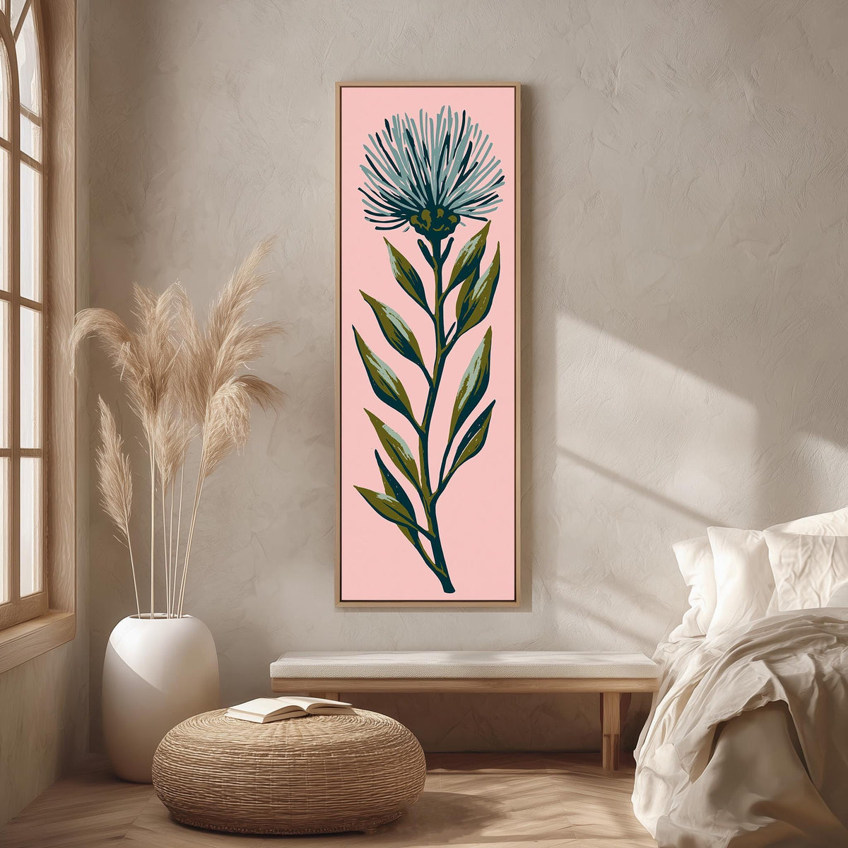Blue thistle flower on blush pink long vertical canvas print in a sunlit living space