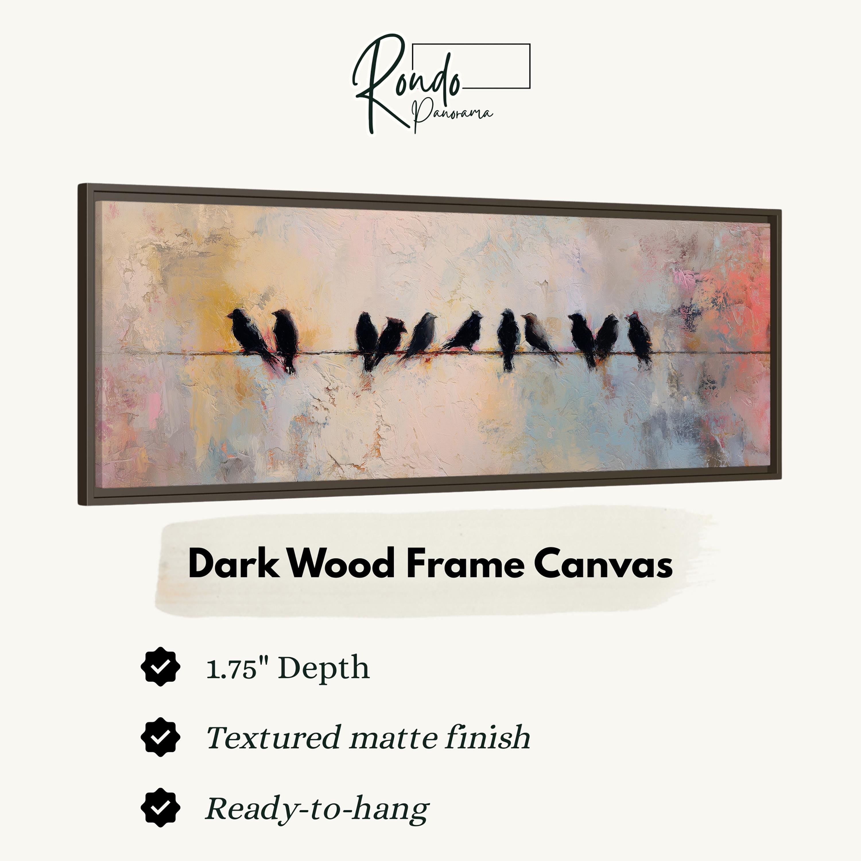 The image is a framed canvas depicting a group of birds perched on a wire.