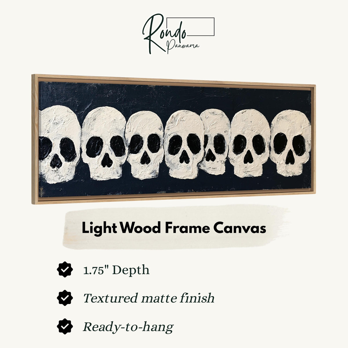 Row of white skulls on navy canvas print in a light wood floating frame