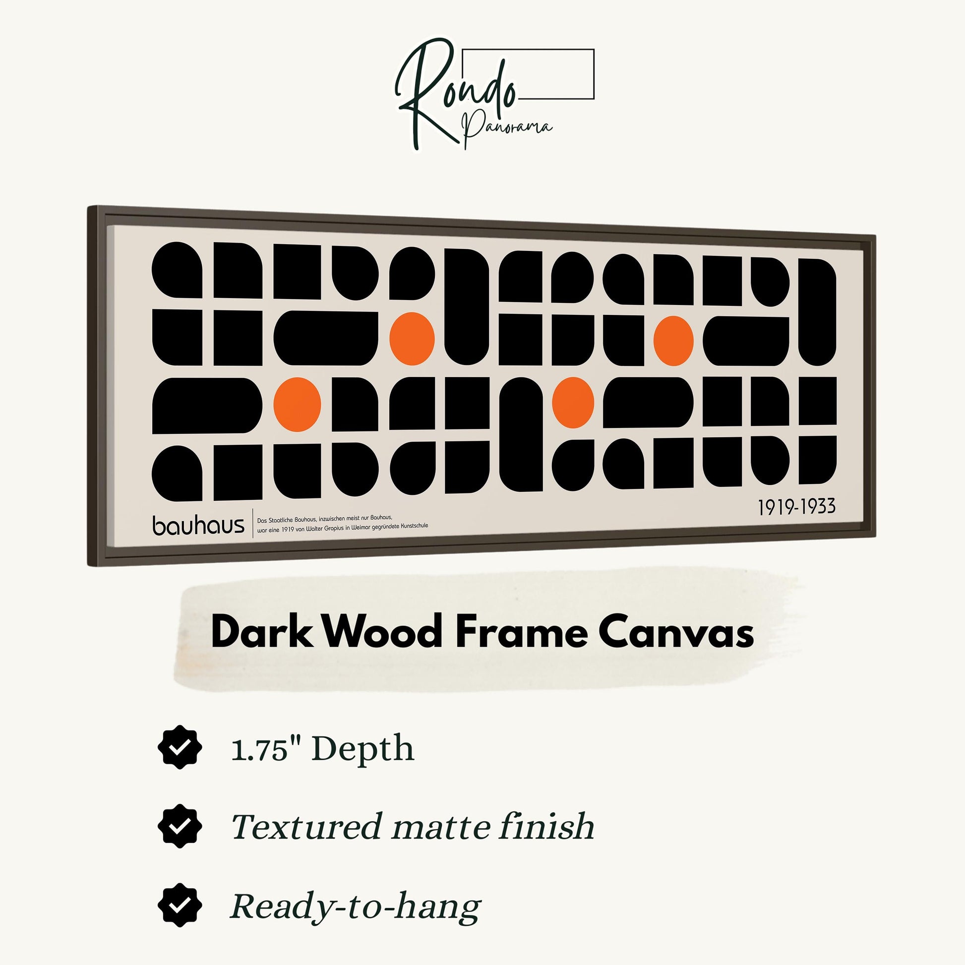 The image is a dark wood frame canvas with a geometric pattern of black and orange shapes.