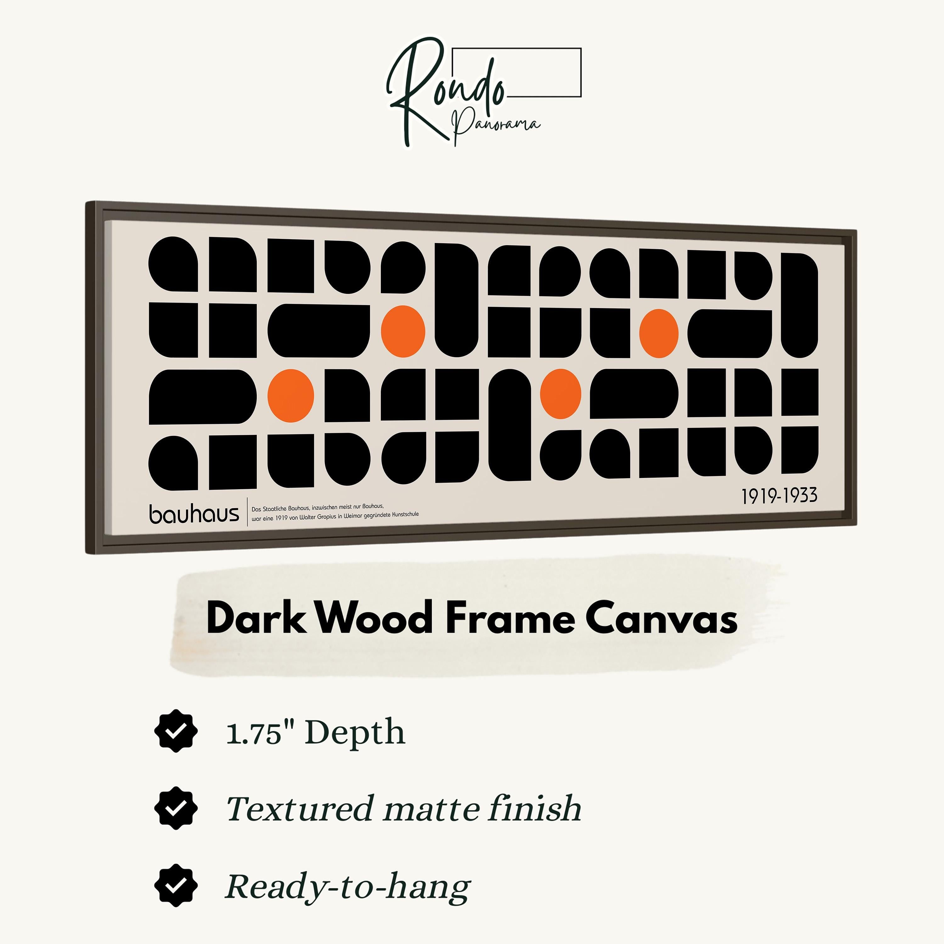The image is a dark wood frame canvas with a geometric pattern of black and orange shapes.