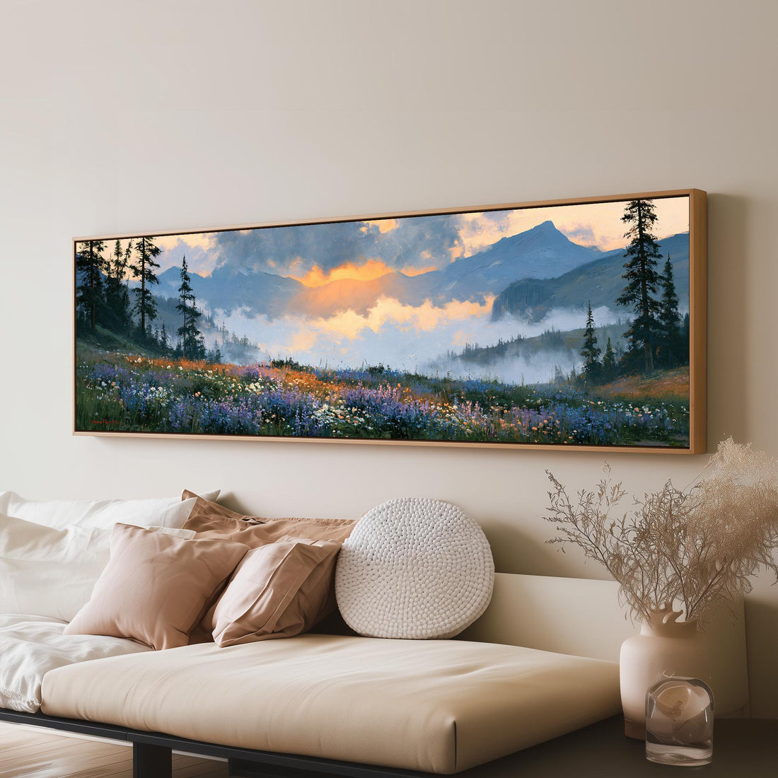 Alpine wildflower meadow at sunset long horizontal canvas print above a sofa in a living room