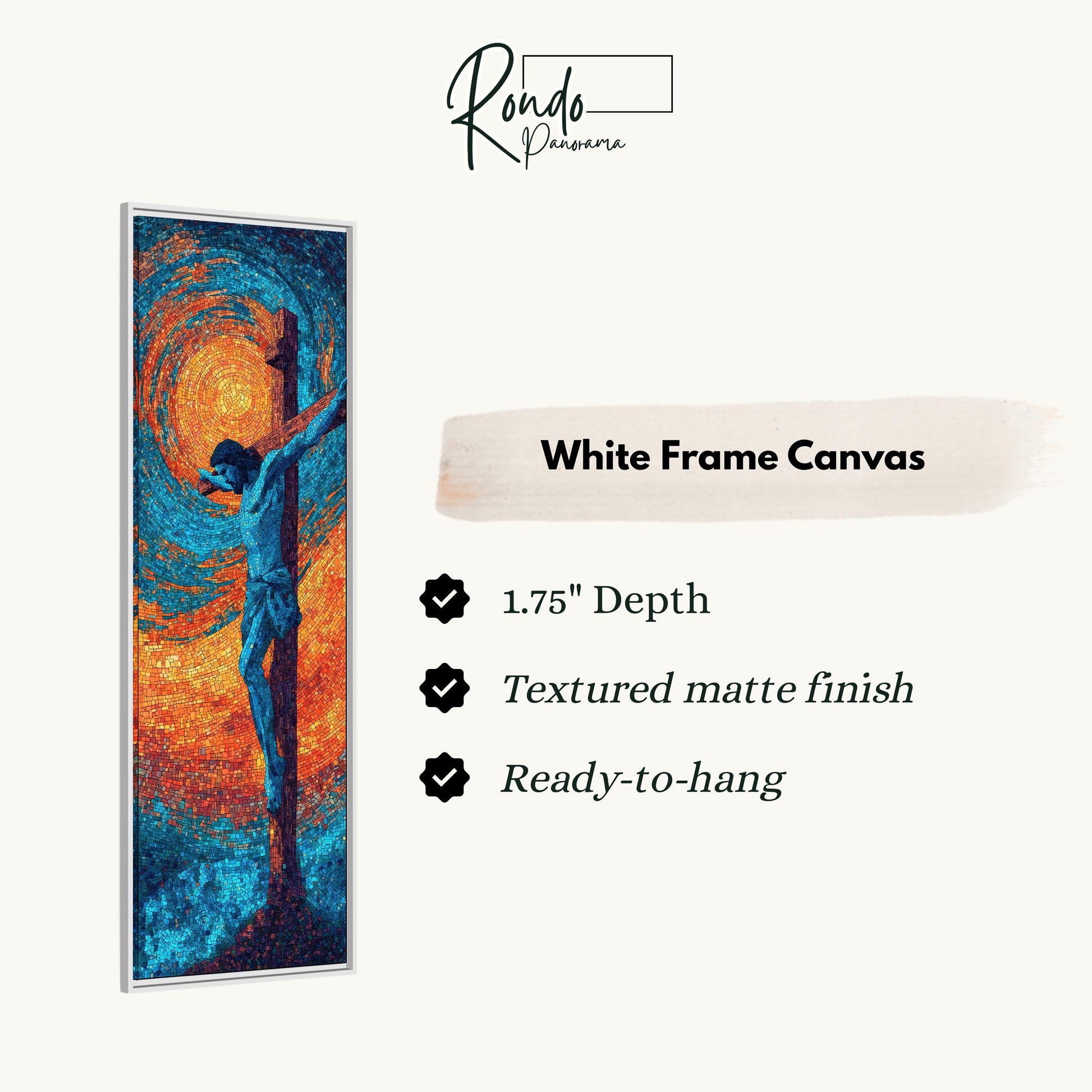 The image is a white frame canvas depicting a painting of a figure on a cross.