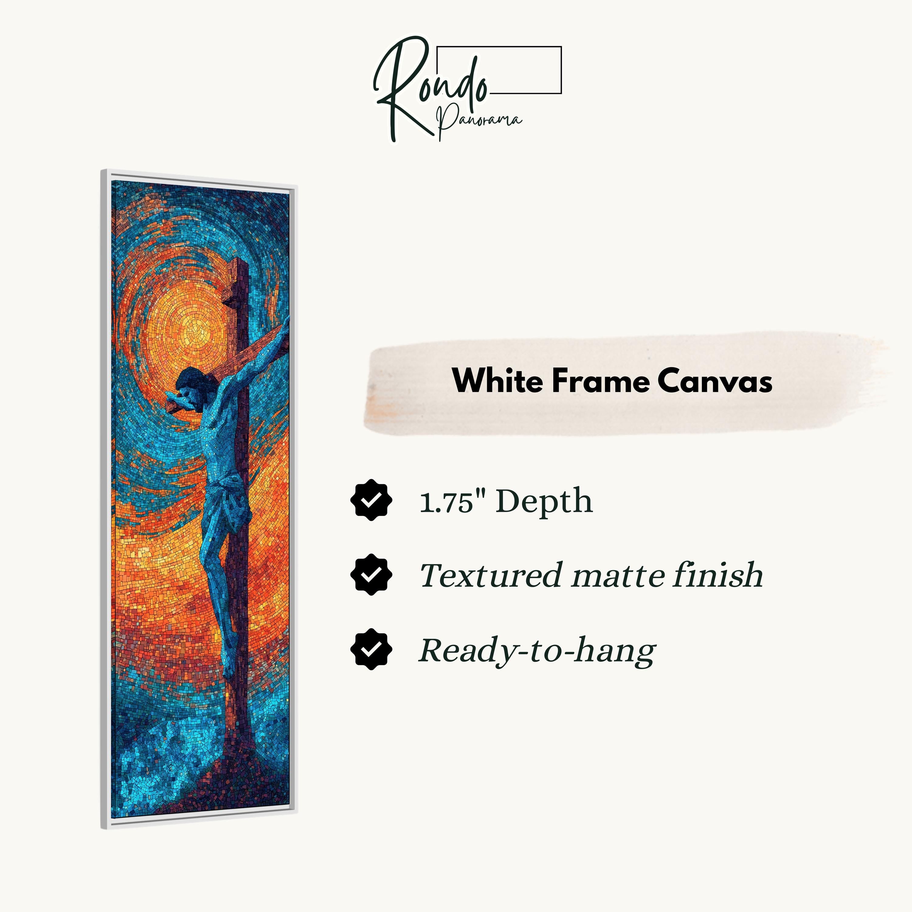 The image is a white frame canvas depicting a painting of a figure on a cross.