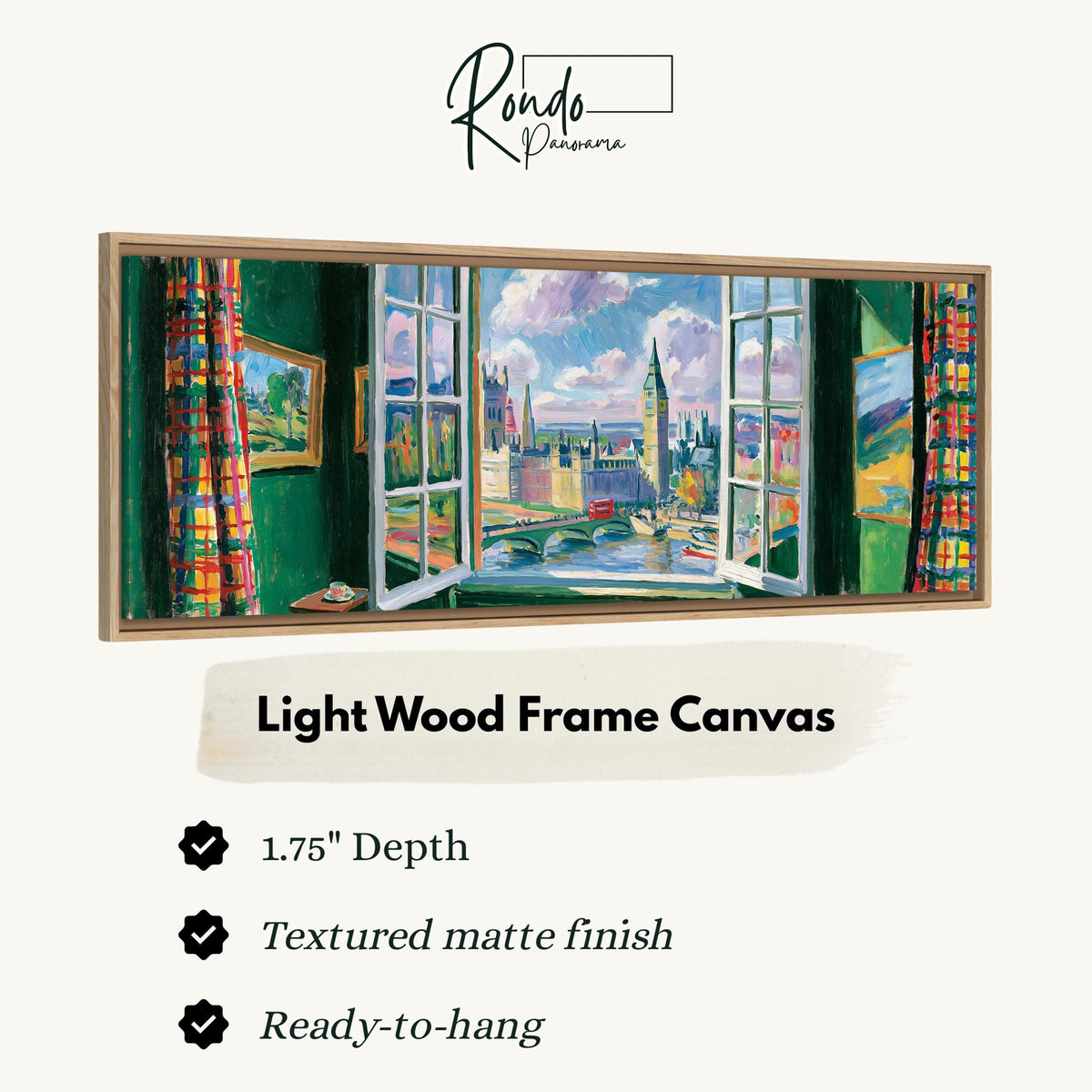 London and Big Ben through a green room window canvas print in a light wood floating frame