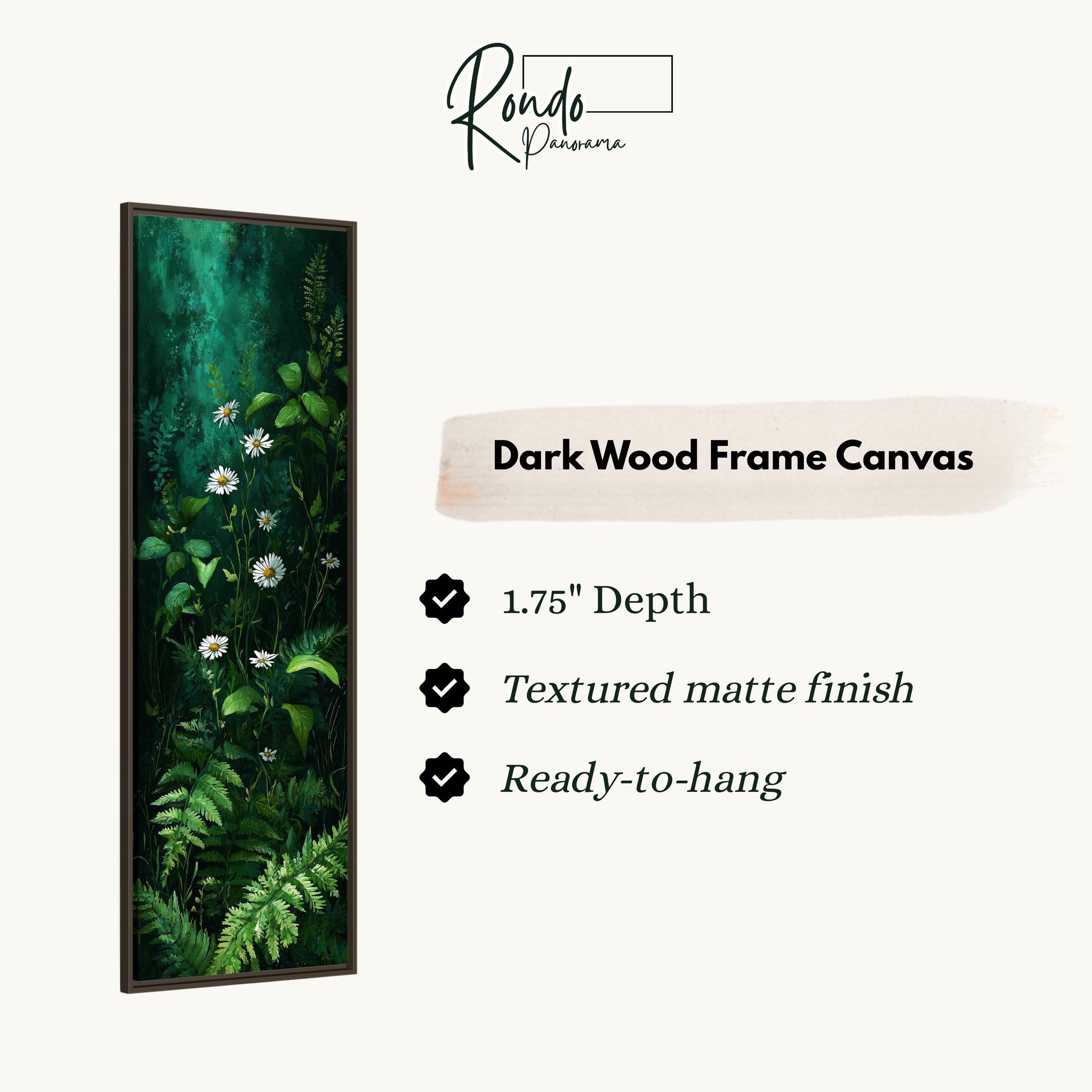 The image is a dark wood frame canvas featuring a lush green plant with white flowers. The canvas has a 1.75" depth, is textured with a matte finish, and is ready to hang.