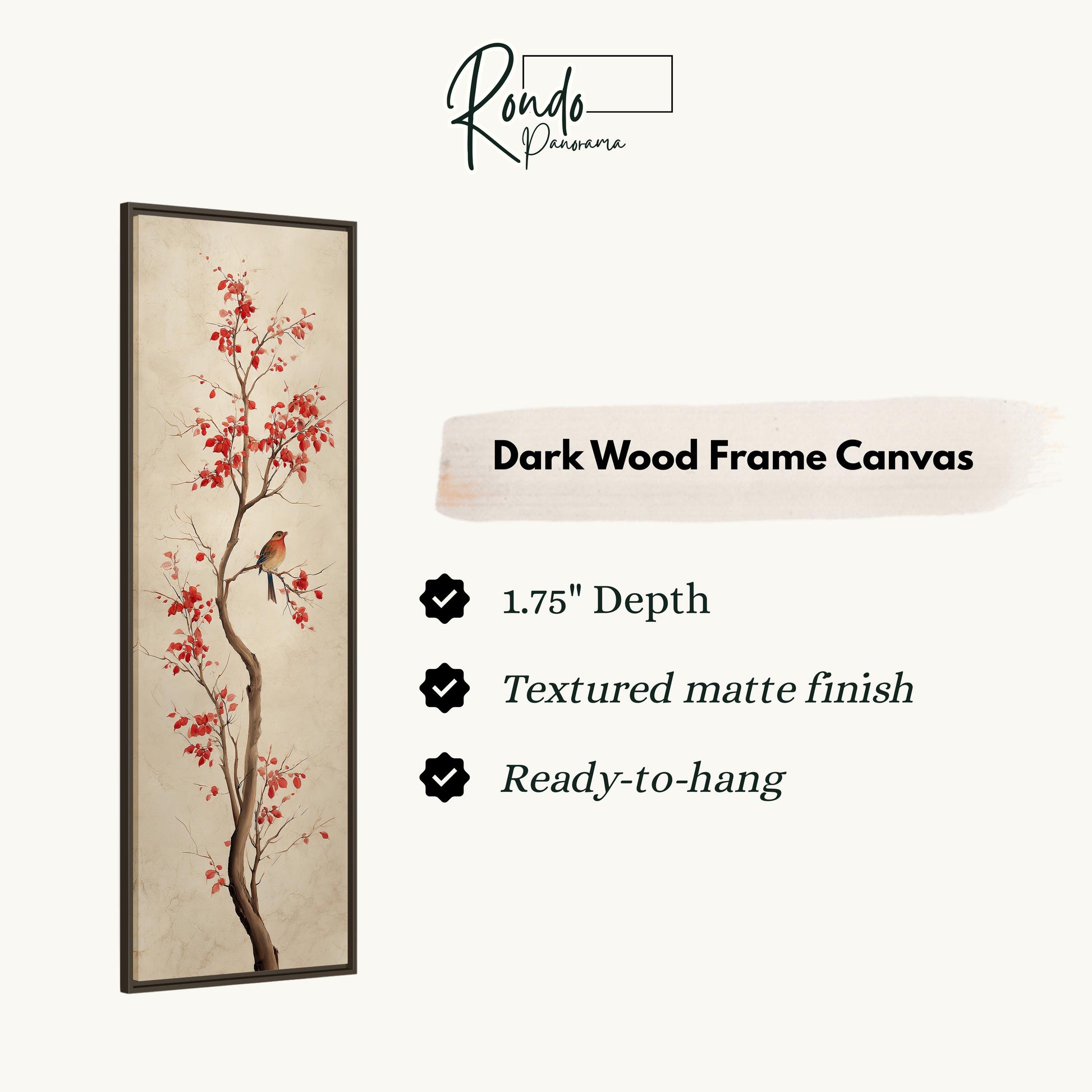The image is a dark wood frame canvas featuring a bird perched on a branch with red flowers. The canvas has a 1.75" depth, is textured with a matte finish, and is ready to hang.
