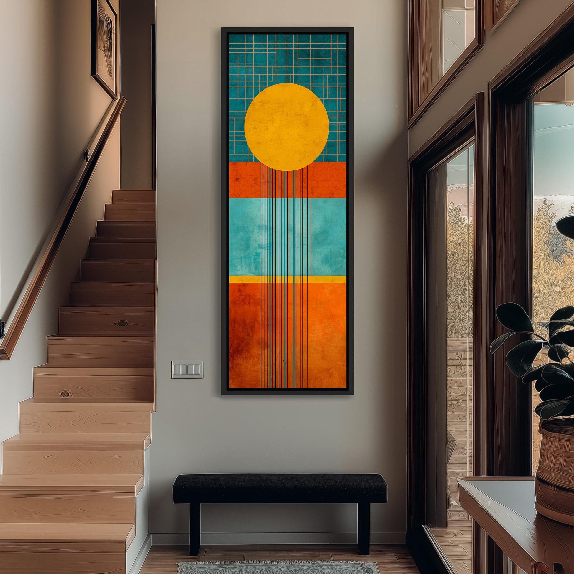 a modern and minimalist interior design with a large abstract painting hanging on the wall above a black bench. The painting has a vibrant color scheme of blue, orange, and yellow, creating a striking focal point in the space.