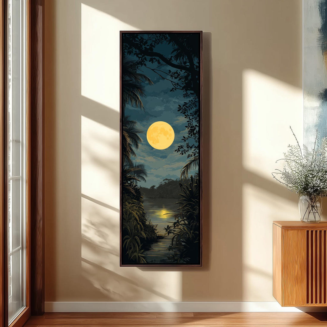 a large painting of a tropical landscape with a full moon in the sky, hanging on a wall in a hallway.