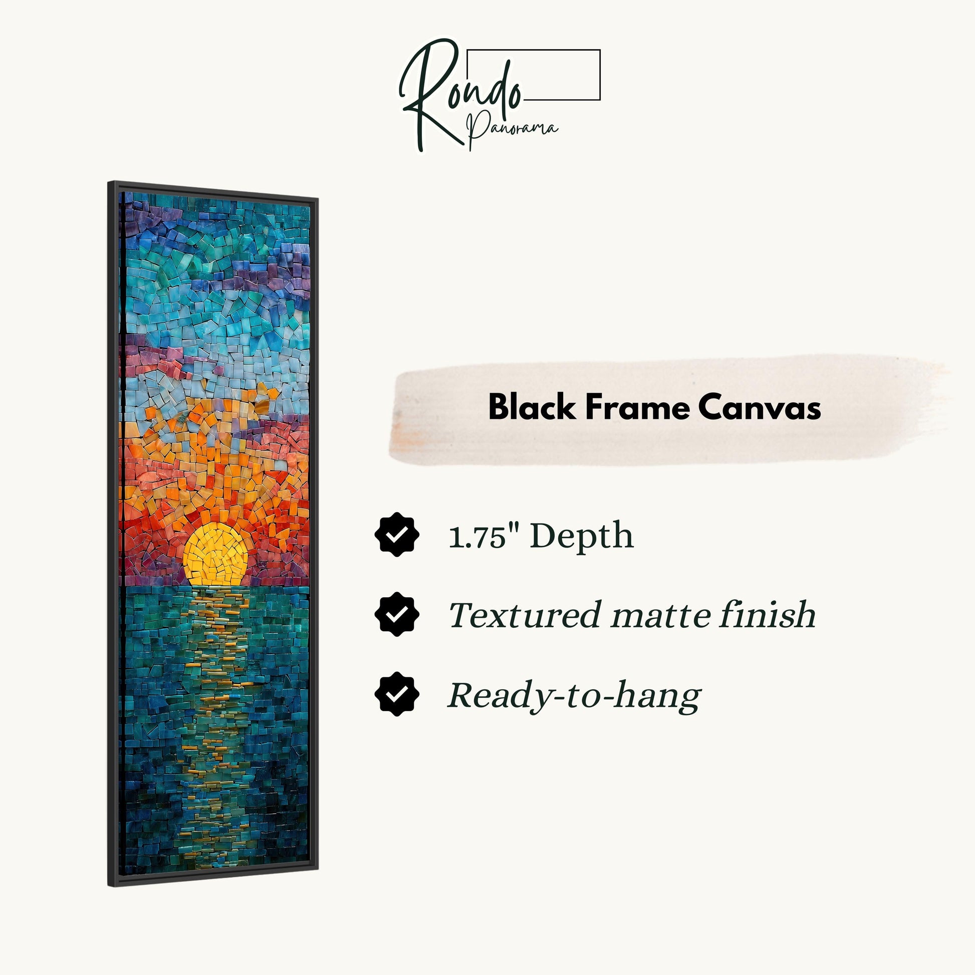 The image is a black frame canvas depicting a colorful mosaic of a sunset over water.