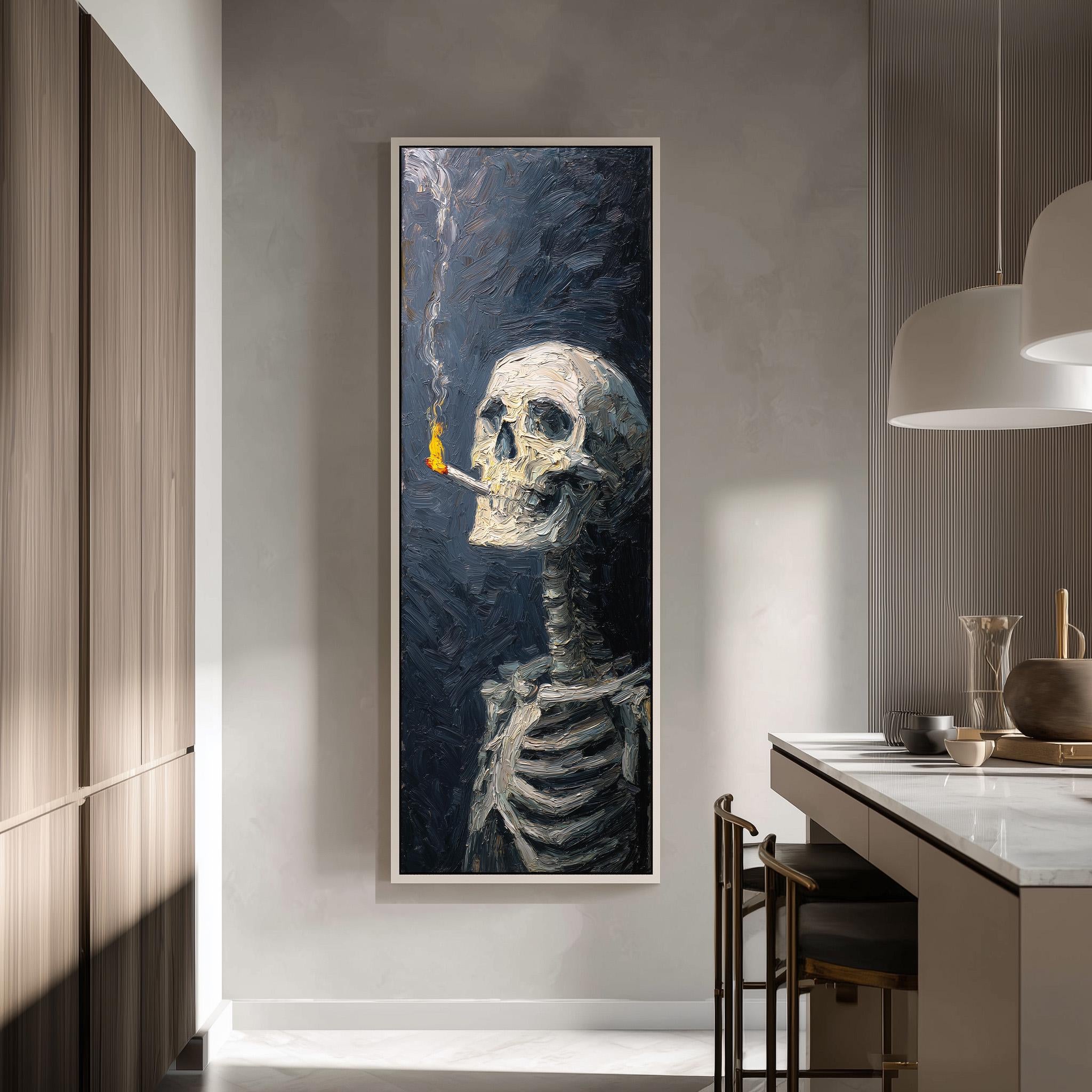 a large framed painting of a skeleton smoking a cigarette, hanging on a wall in a modern kitchen.