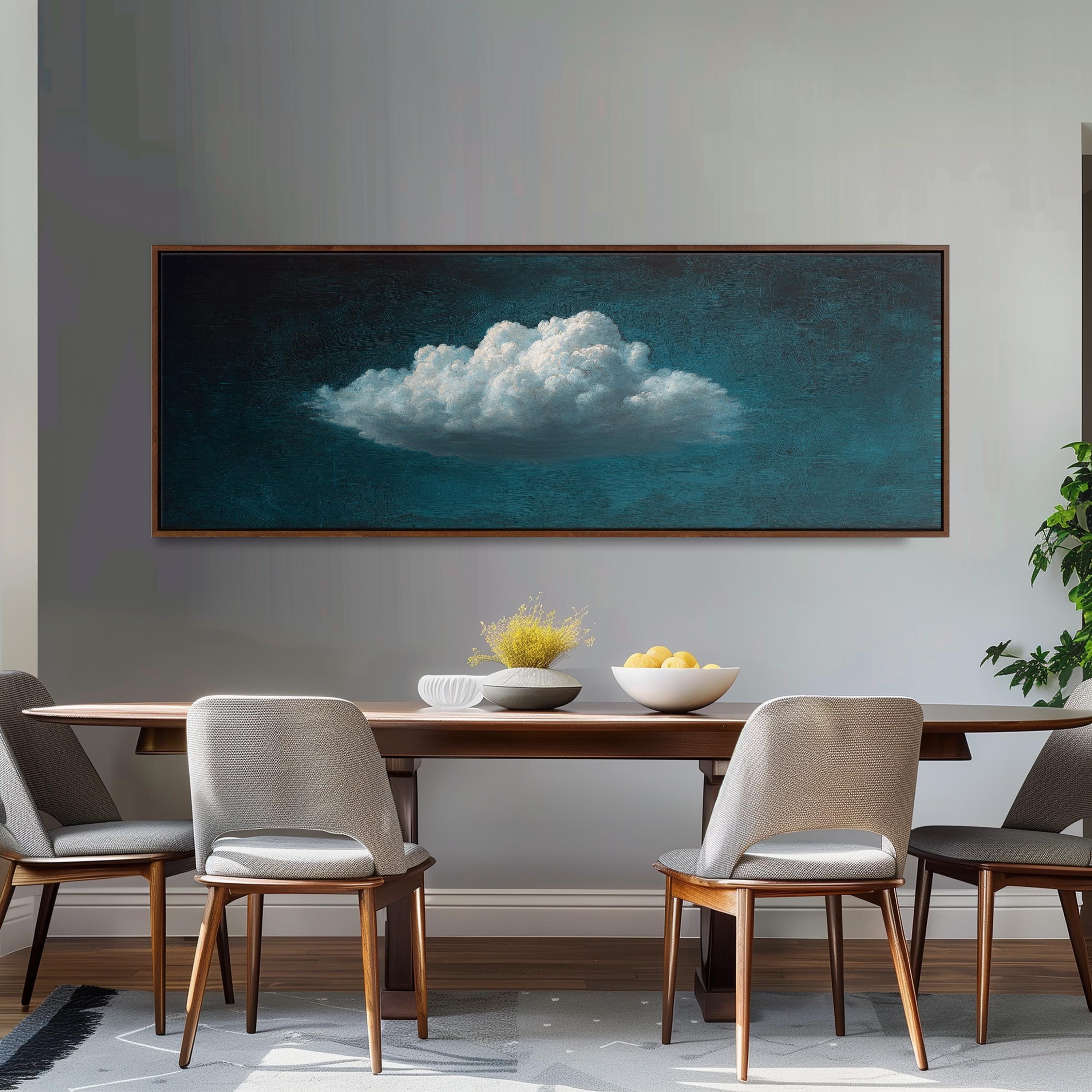 a dining room with a large painting of a cloud hanging on the wall above a wooden dining table with four chairs. The table is set with a bowl of fruit and a vase of flowers, creating a cozy and inviting atmosphere.