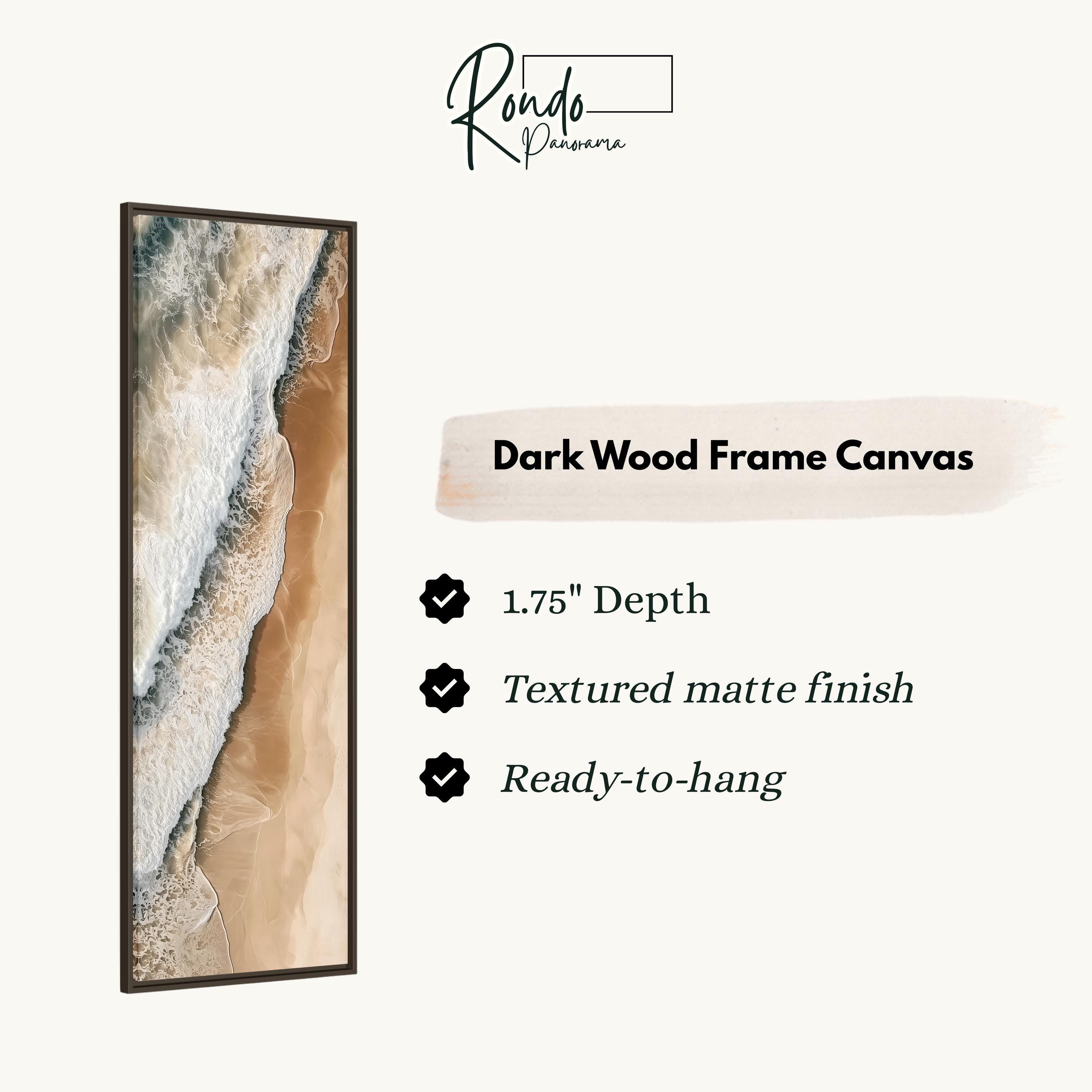 The image is a product description for a dark wood frame canvas. It features a close-up of a beach scene with waves, and provides details about the product, including its dimensions, finish, and hanging capabilities.