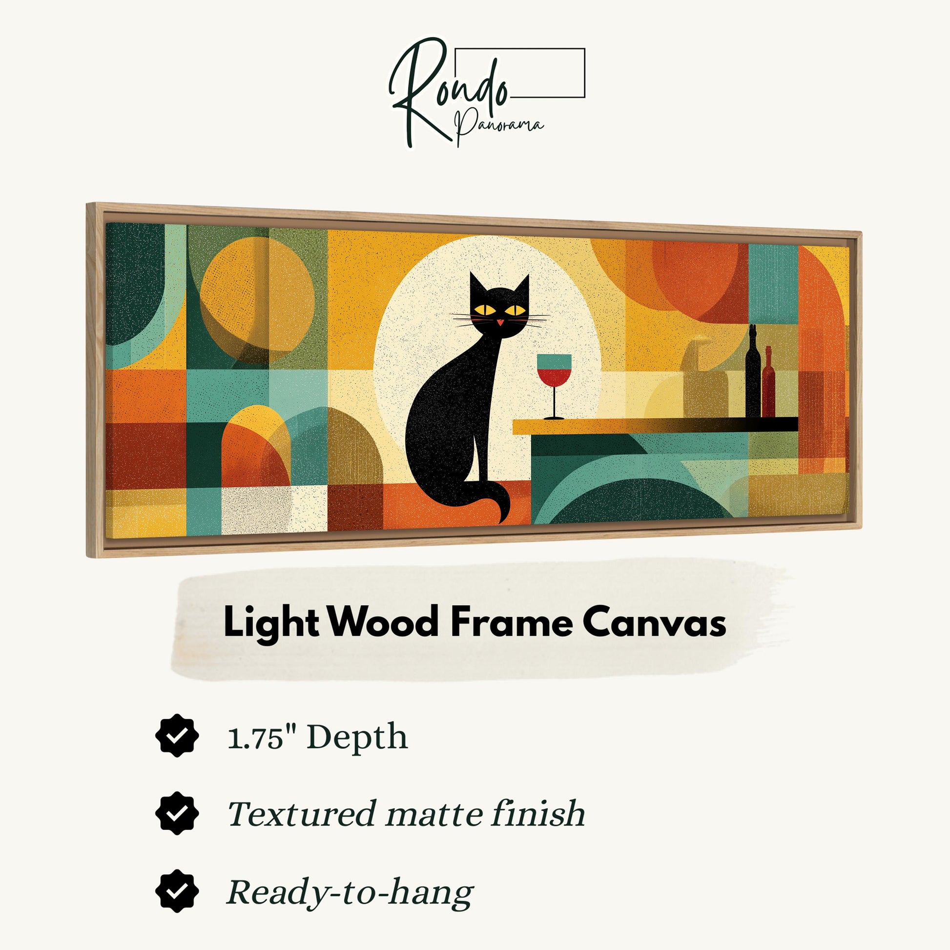 The image is a framed artwork depicting a black cat sitting on a table with a wine glass and bottle.