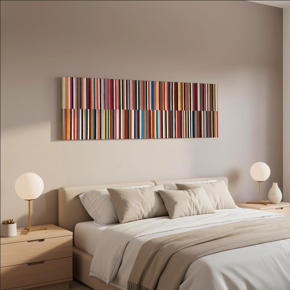 Two bands of colorful stripes wide panoramic canvas print above a bed in a neutral bedroom