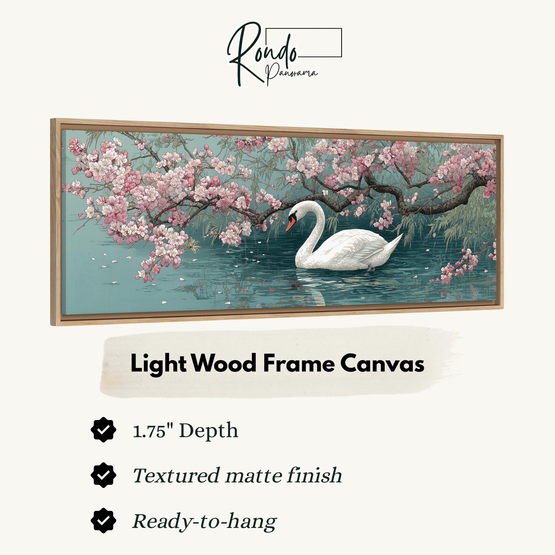 A light wood frame canvas depicting a swan swimming in a pond with pink flowers and branches.
