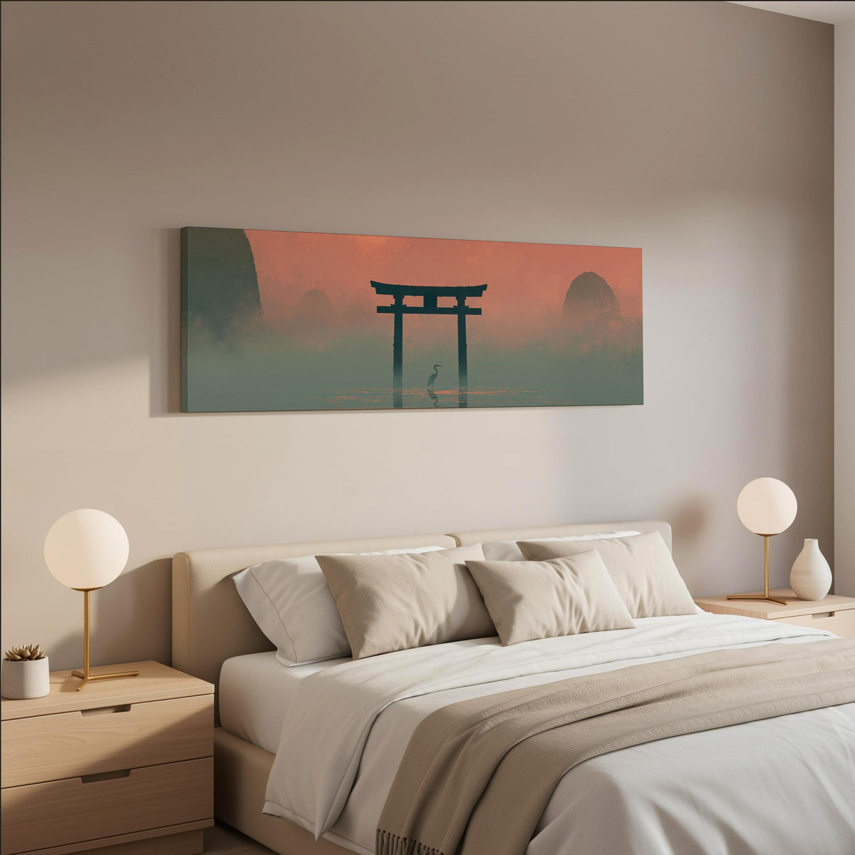 Torii gate and heron in pink mist wide panoramic canvas print above a bed in a neutral bedroom