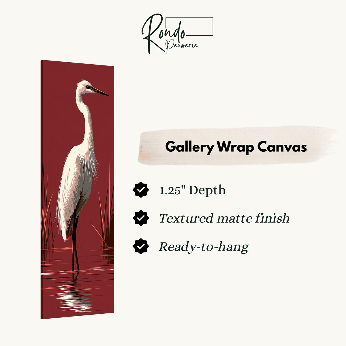 White egret wading on crimson red gallery wrap canvas with the image wrapped around the edges