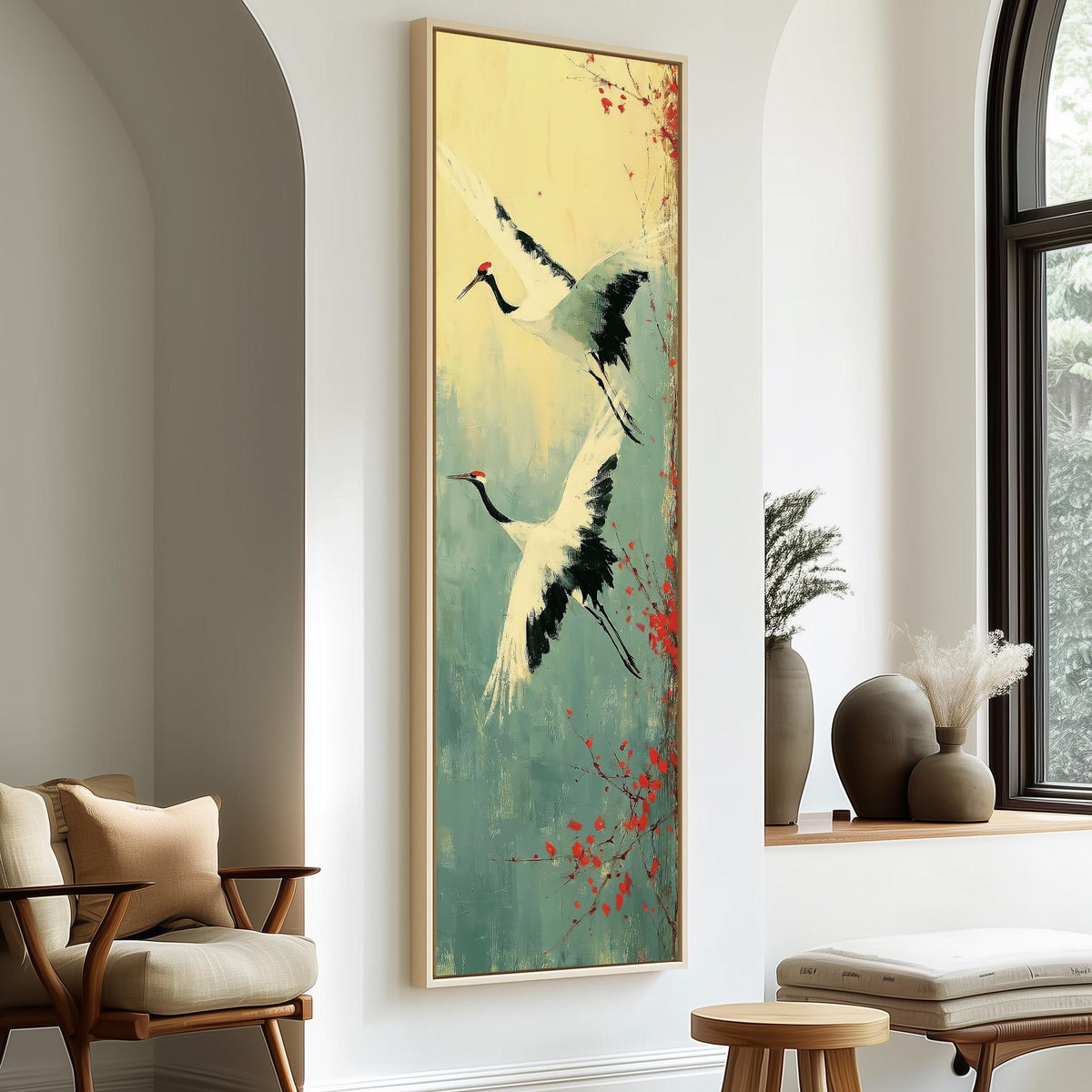 Pair of red-crowned cranes in flight tall skinny canvas print in a sunlit living space