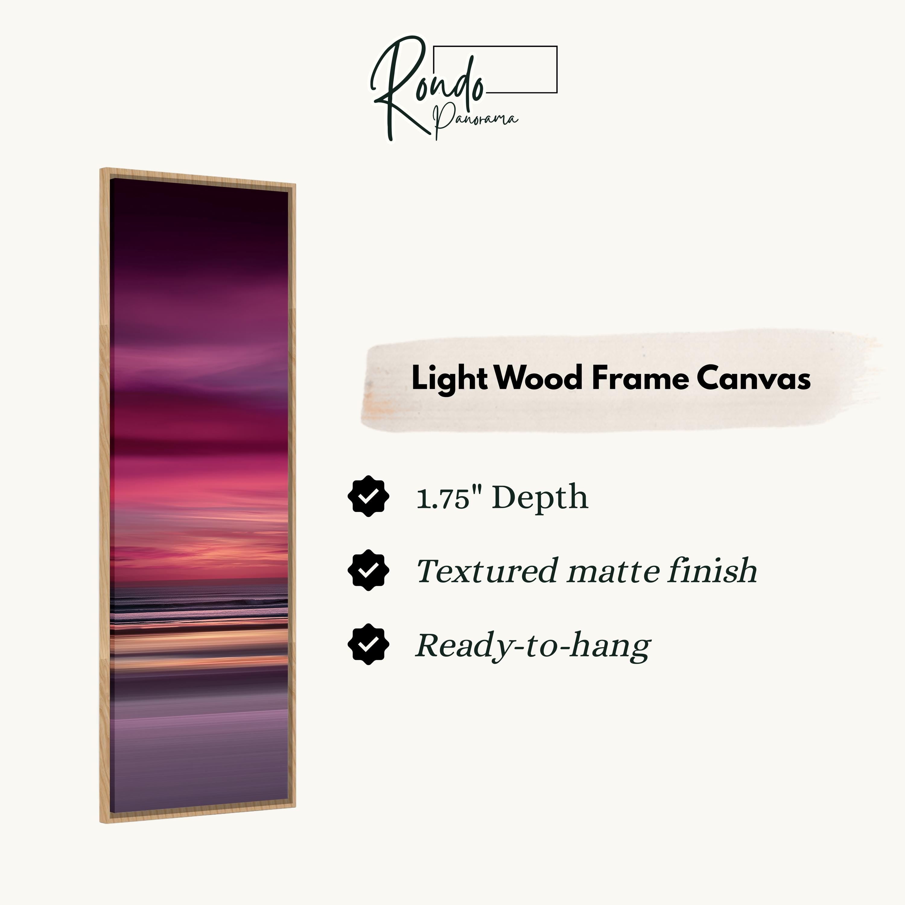 The image is a vertical wooden frame canvas with a sunset-like image on it.
