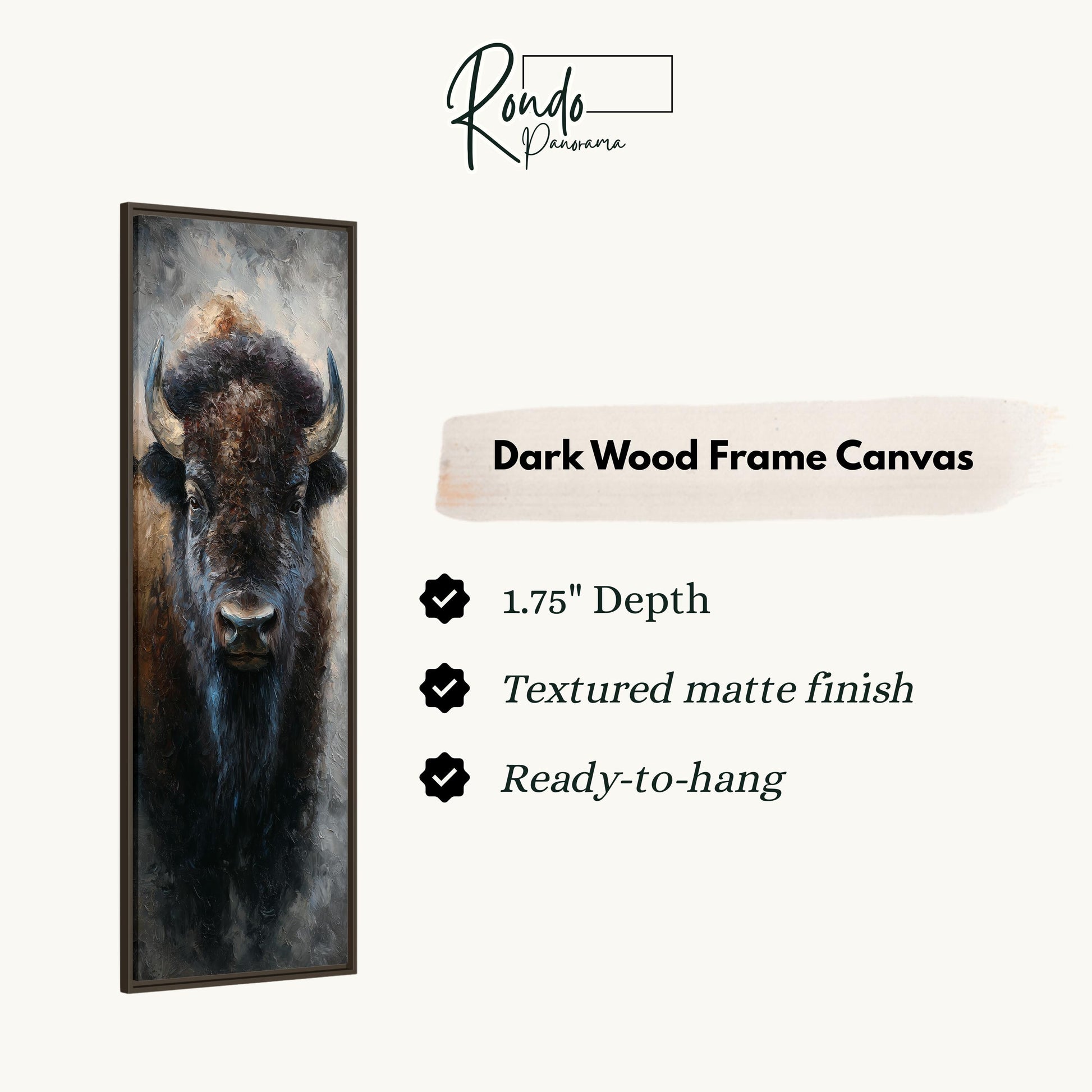 a close-up of a buffalo's head in a dark wood frame, with a text box providing information about the frame.